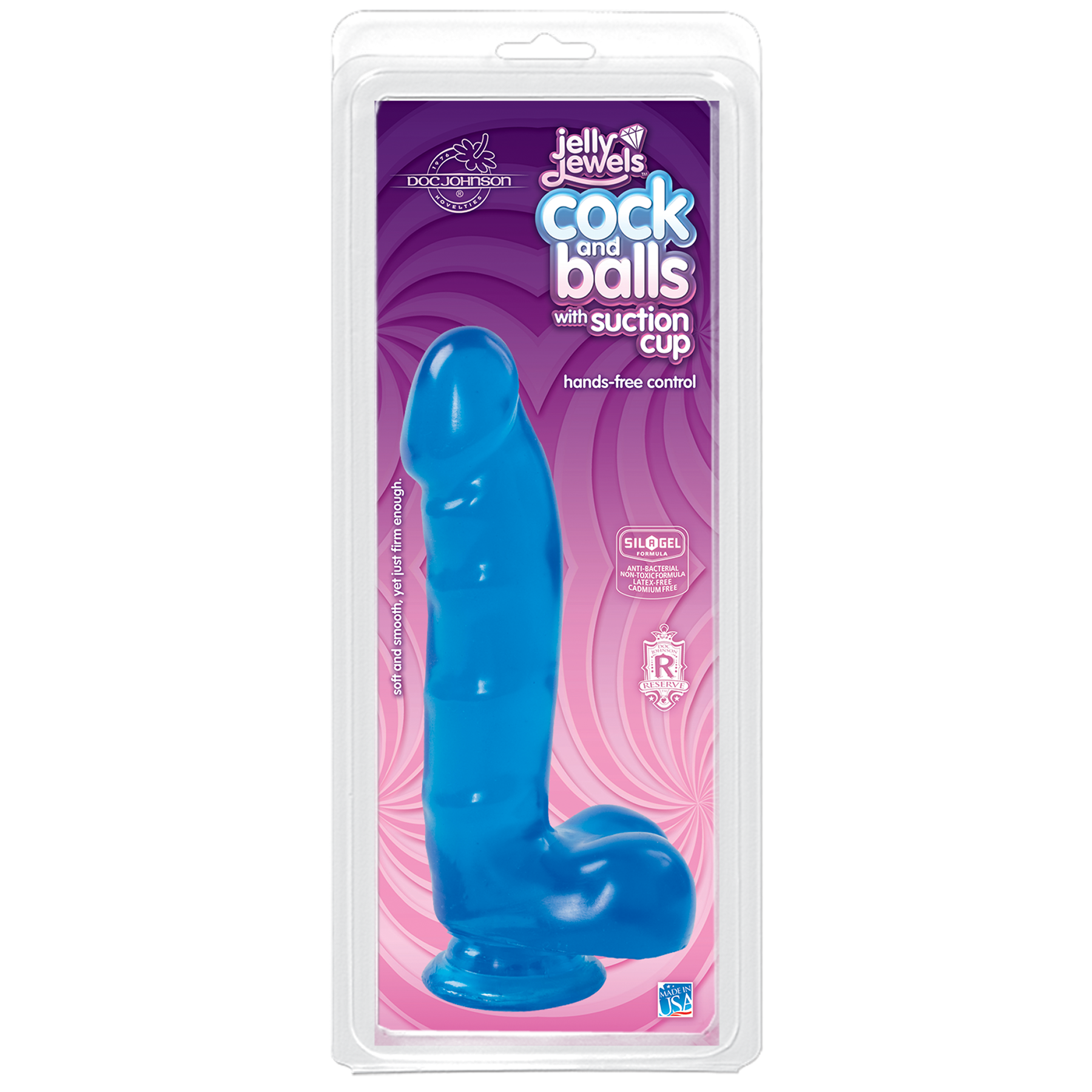 Фалоімітатор Doc Johnson Jelly Jewels Cock & Balls Blue, діаметр 3,6 см, антибактеріальний ПВХ