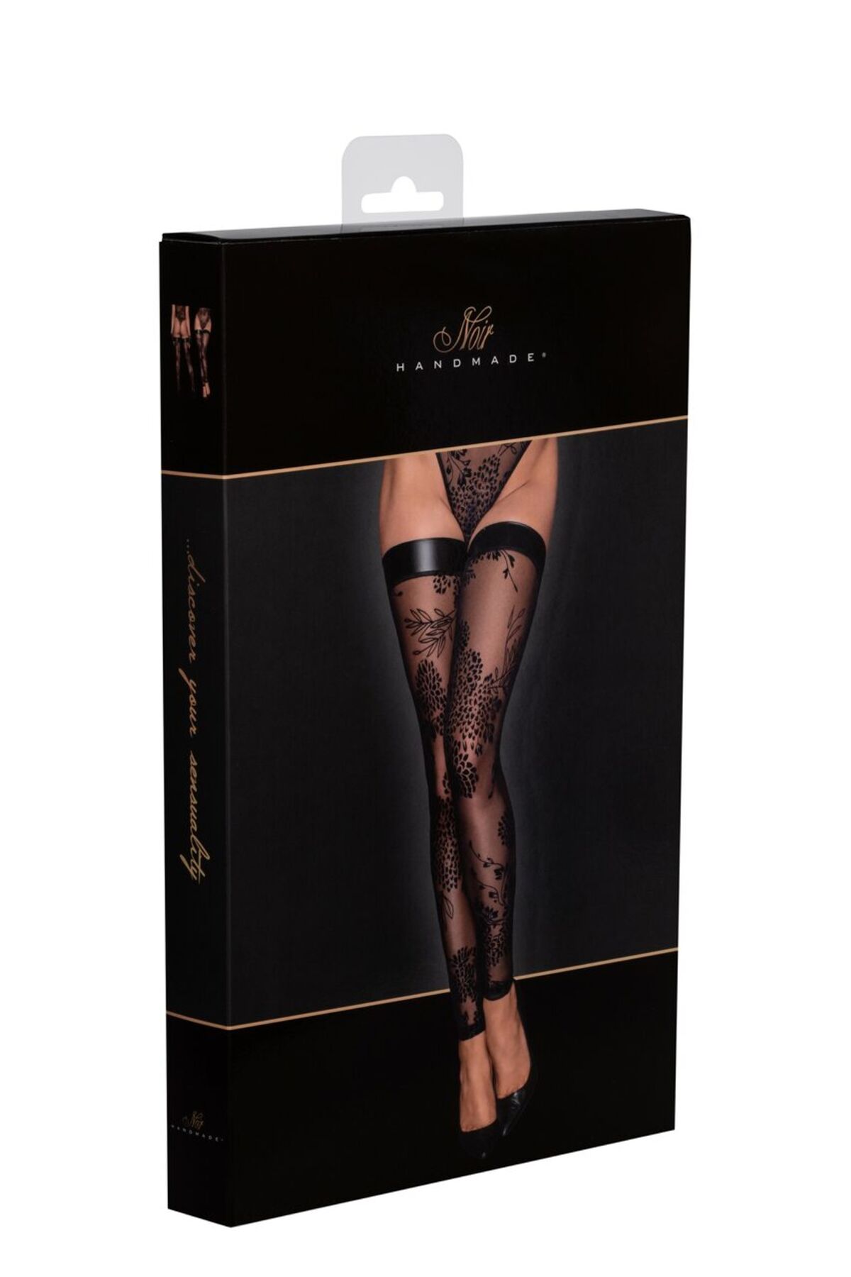 Панчохи без миска Noir Handmade F243 Tulle stockings with patterned flock embroidery, XL