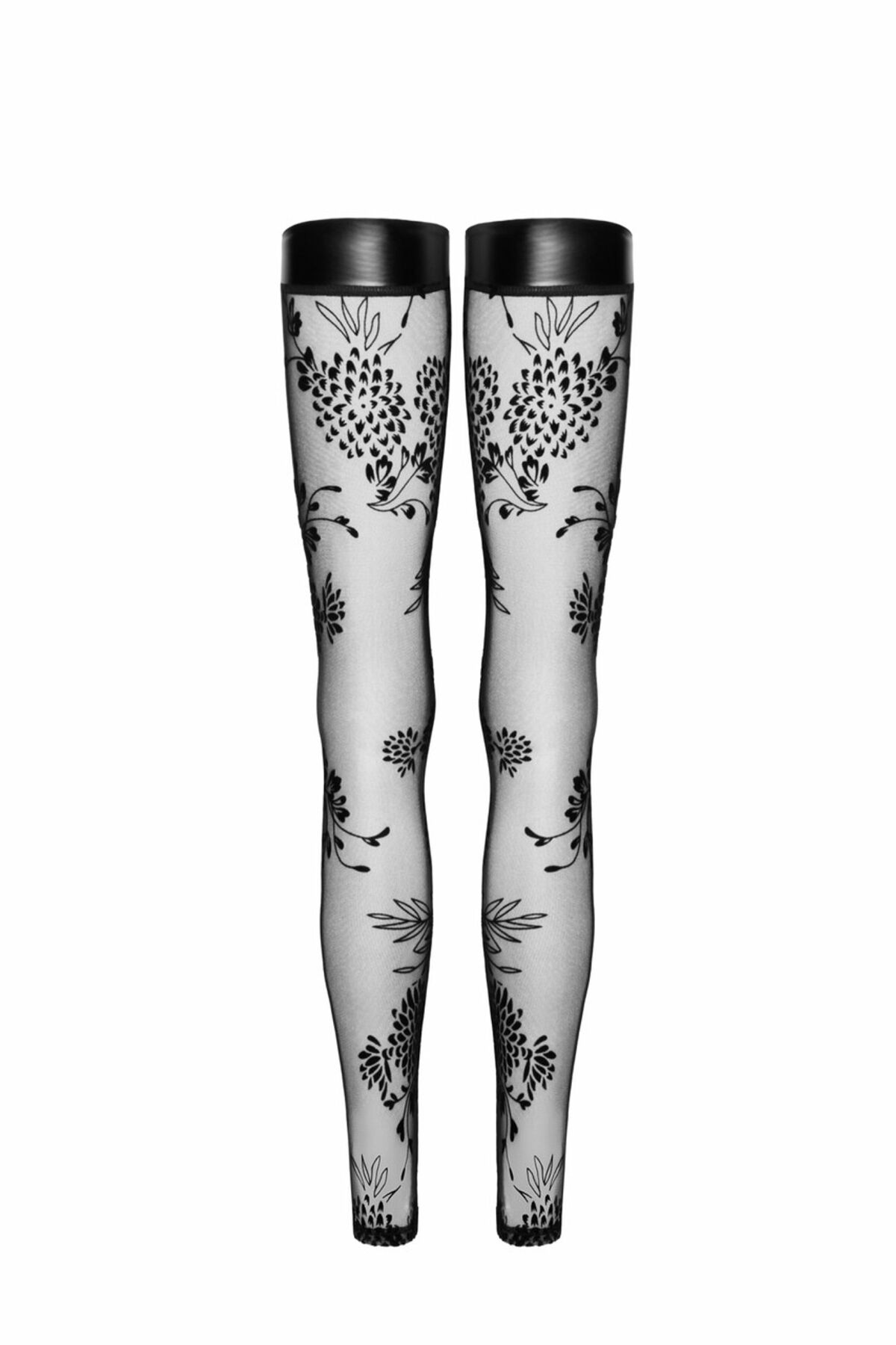 Панчохи без миска Noir Handmade F243 Tulle stockings with patterned flock embroidery, XL