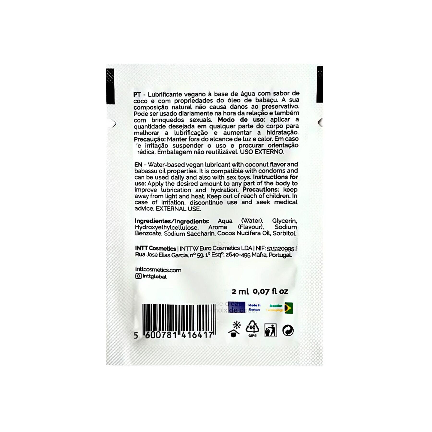 Пробник доглядального лубриканта Intt Coconut з кокосовою олією на водній основі (2 мл)