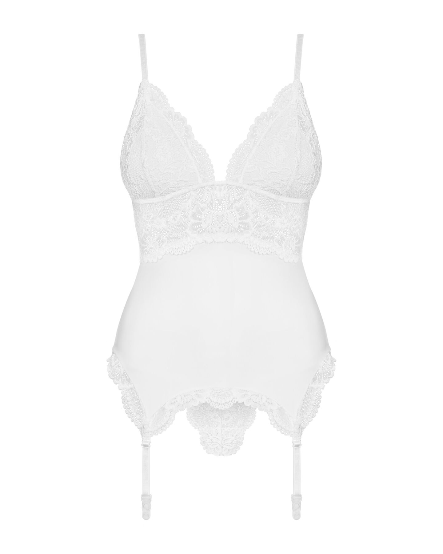 Сатиновий мереживний корсет Obsessive 810-COR-2 babydoll & thong S/M, білий, корсет, танга