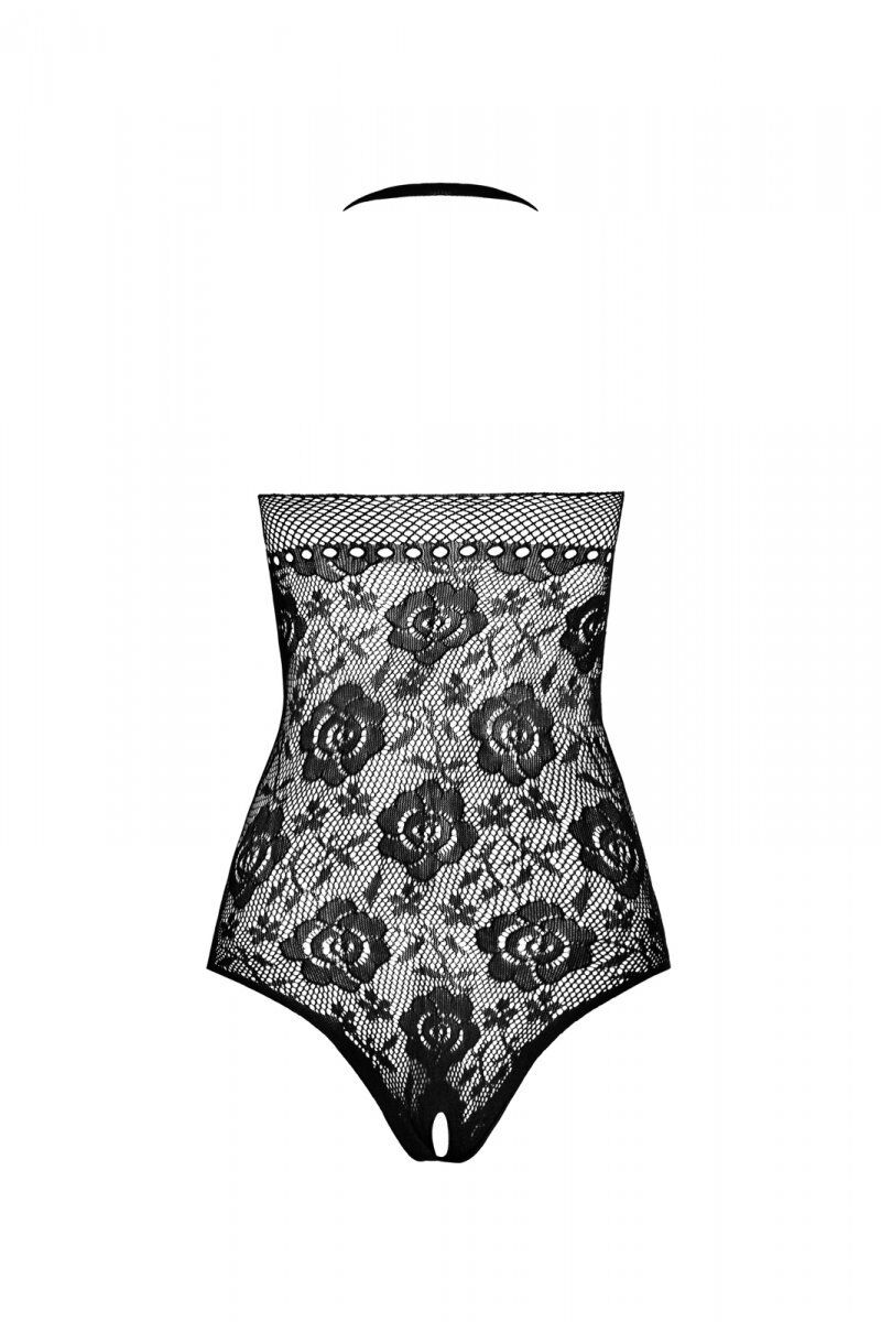 Бодістокінг з імітацією корсетної шнурівки Passion BS094 One Size, black, квітковий візерунок, з дос