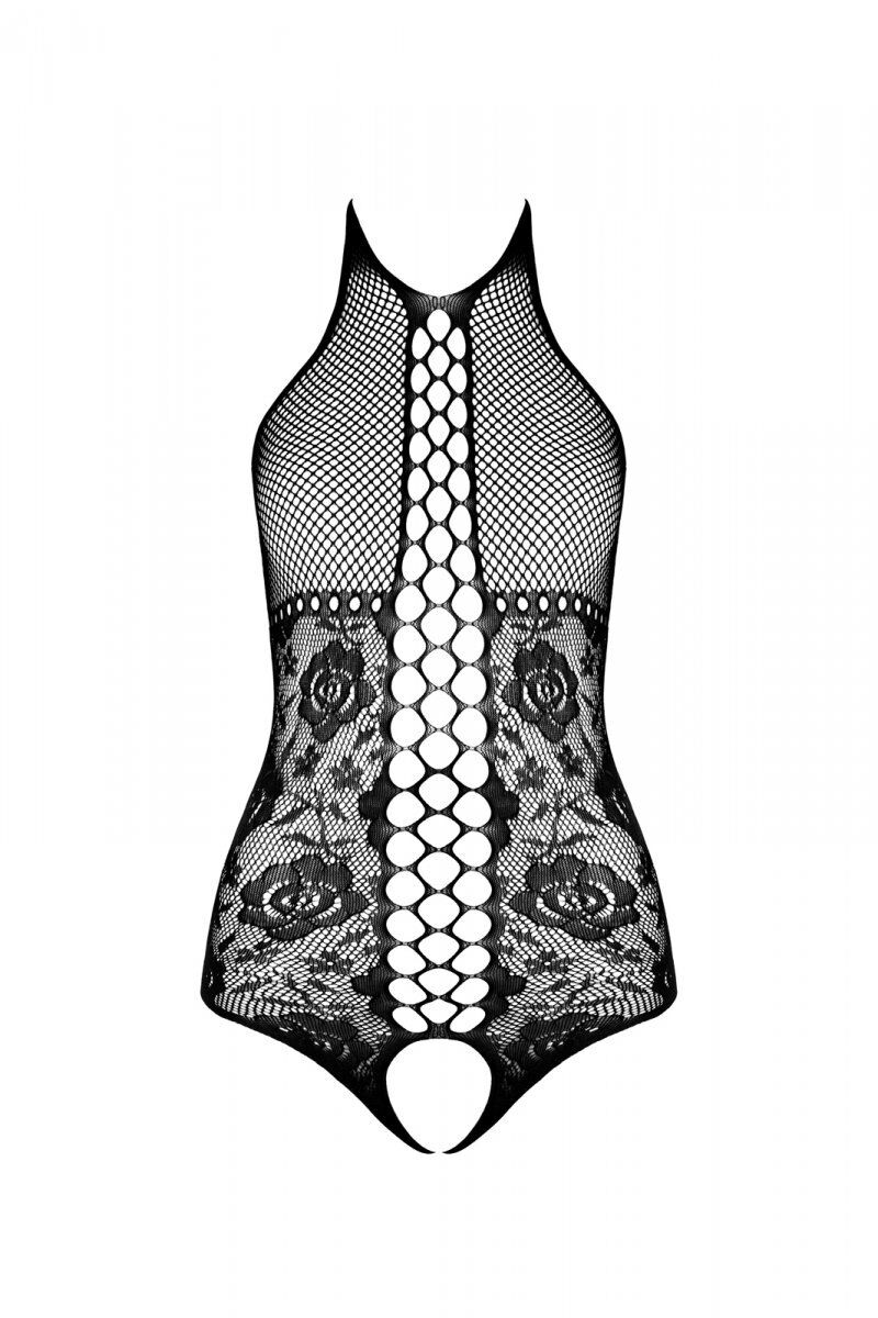 Бодістокінг з імітацією корсетної шнурівки Passion BS094 One Size, black, квітковий візерунок, з дос