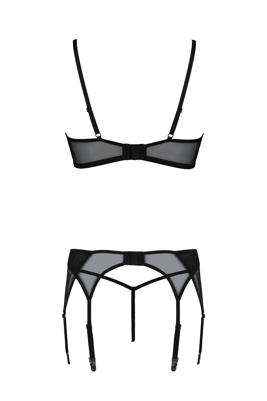 Комплект Passion LEAFA SET black S/M, мереживо+сітка, бюстгальтер на кісточках, стрінги, пояс для панчіх