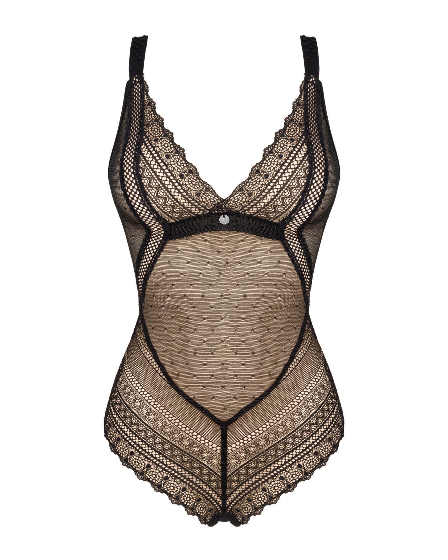 Мереживне боді з декольте Obsessive Estiqua teddy M/L, чорне, широкі лямки
