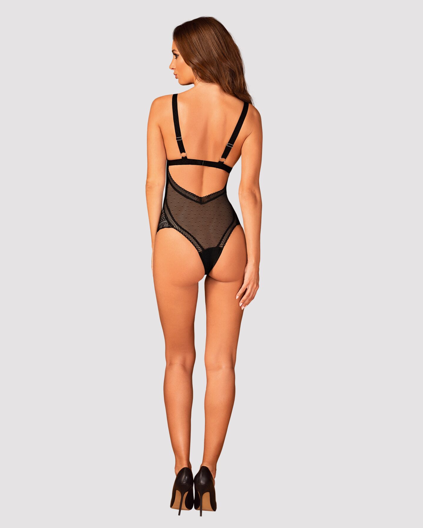 Мереживне боді з декольте Obsessive Estiqua teddy M/L, чорне, широкі лямки