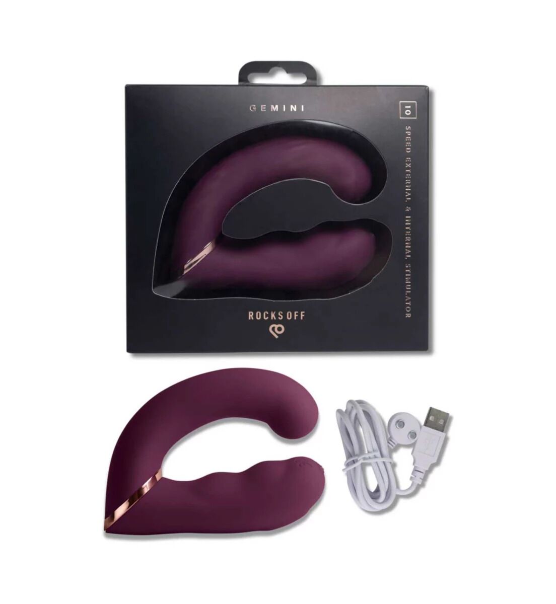 Подвійний вібратор Rocks Off Gemini Burgundy, 2 мотори, по 10 режимів, змінне положення ручки