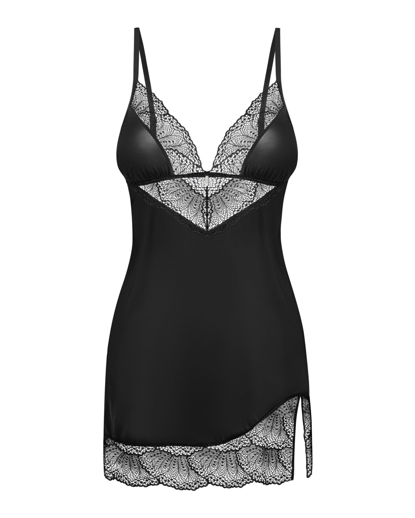Пеньюар Obsessive Lobellis chemise & thong, XL/2XL, чорний, мереживне оздоблення, стрінги в комплекті