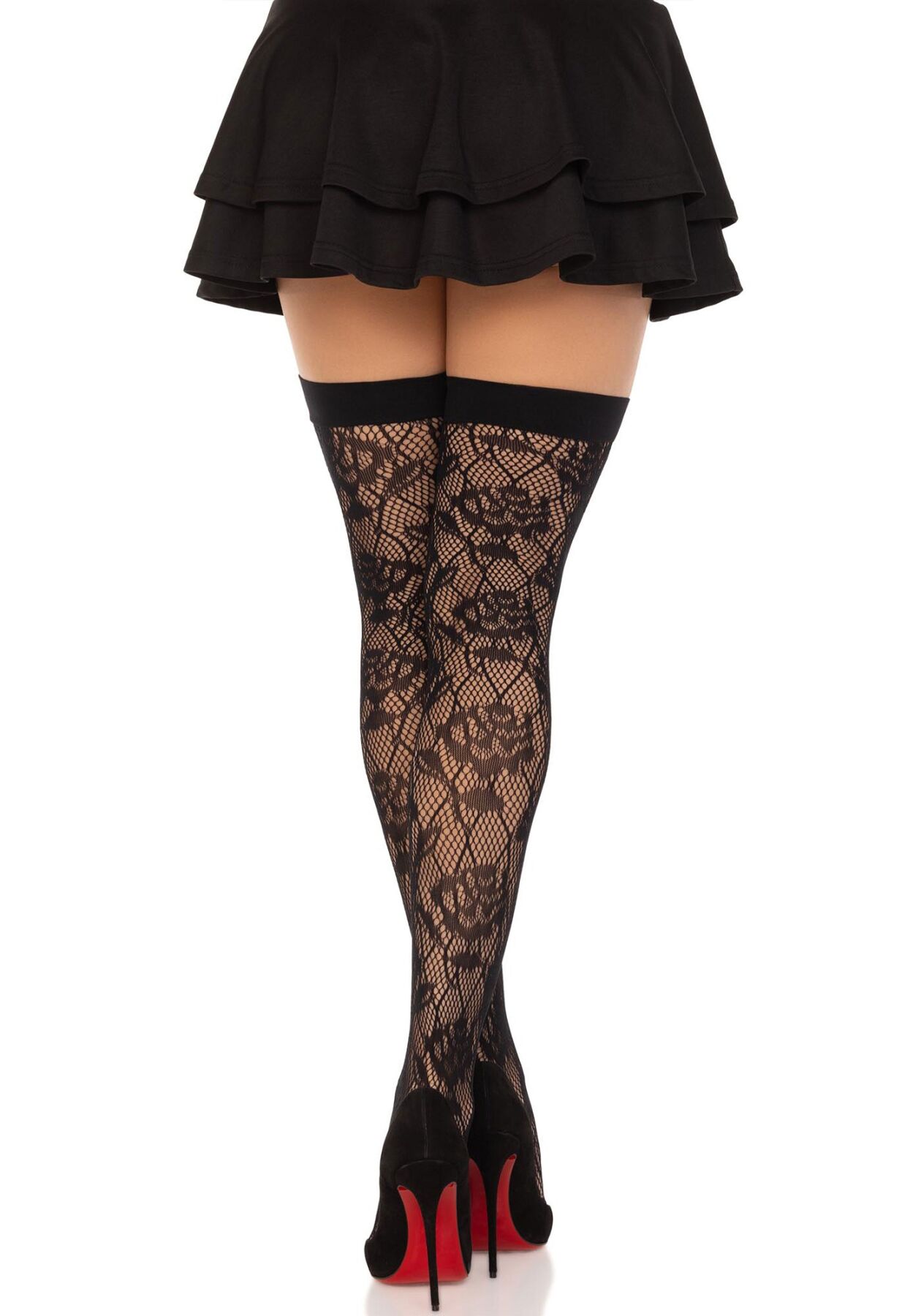 Панчохи Leg Avenue Wild rose net thigh highs, One Size, чорні, широка резинка, малюнок-троянди