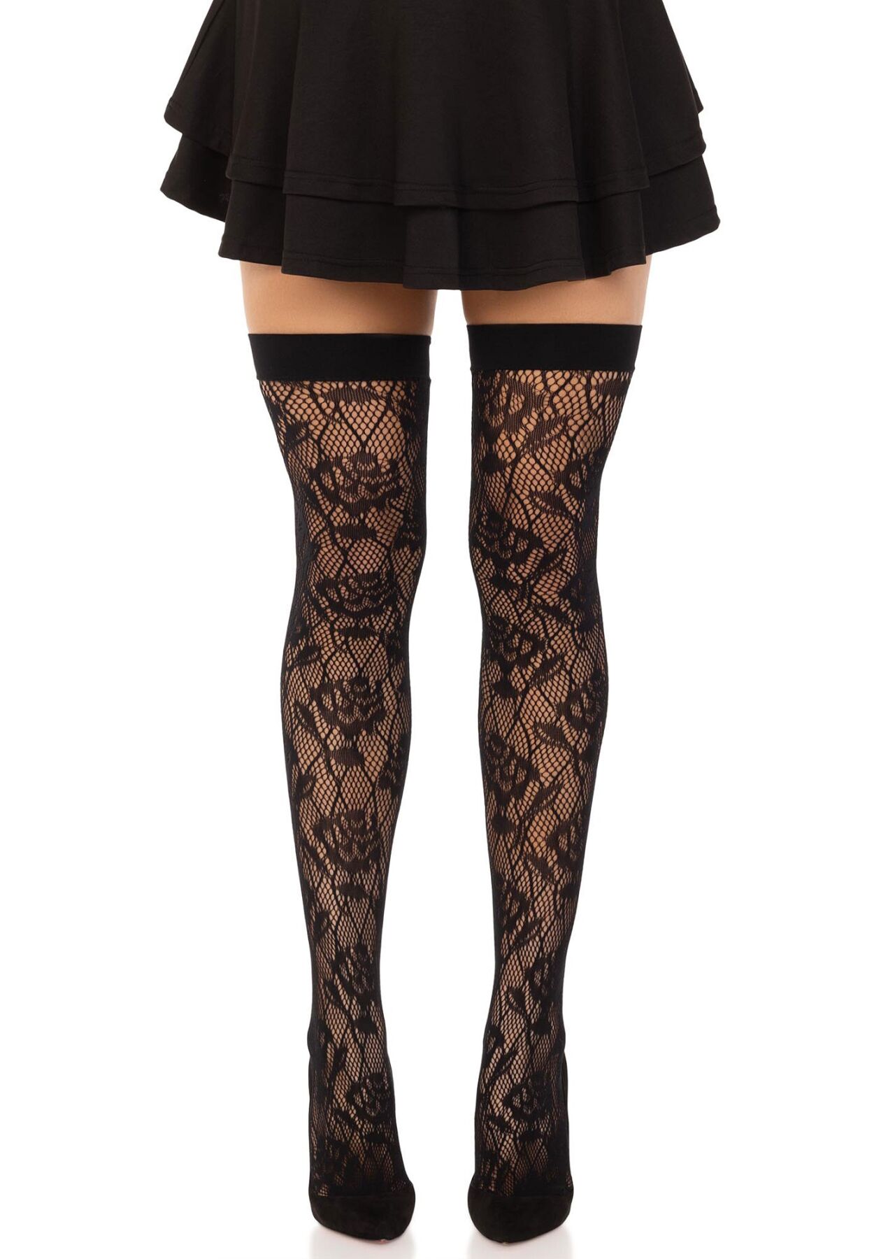 Панчохи Leg Avenue Wild rose net thigh highs, One Size, чорні, широка резинка, малюнок-троянди