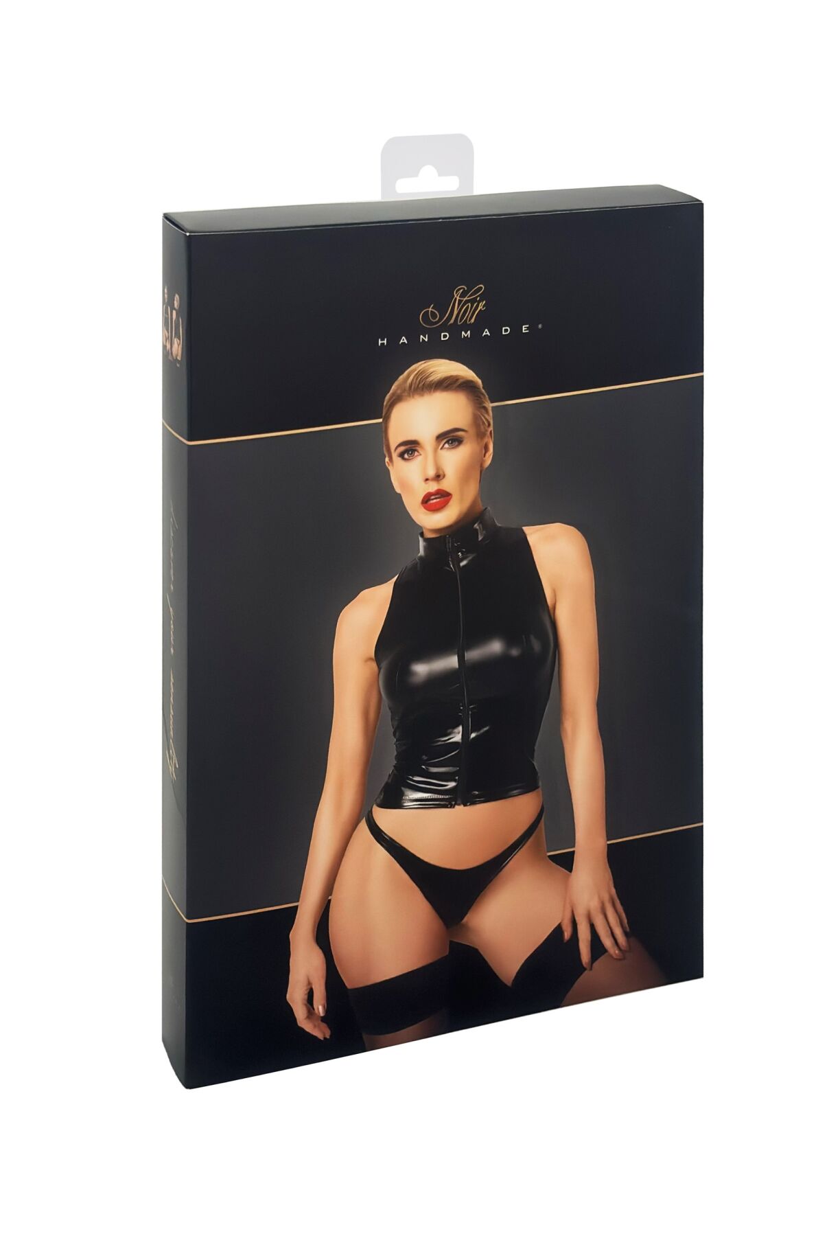 Топ Noir Handmade F324 Glam, XL, black, халтер, на блискавці, вінілові вставки, комір-стійка