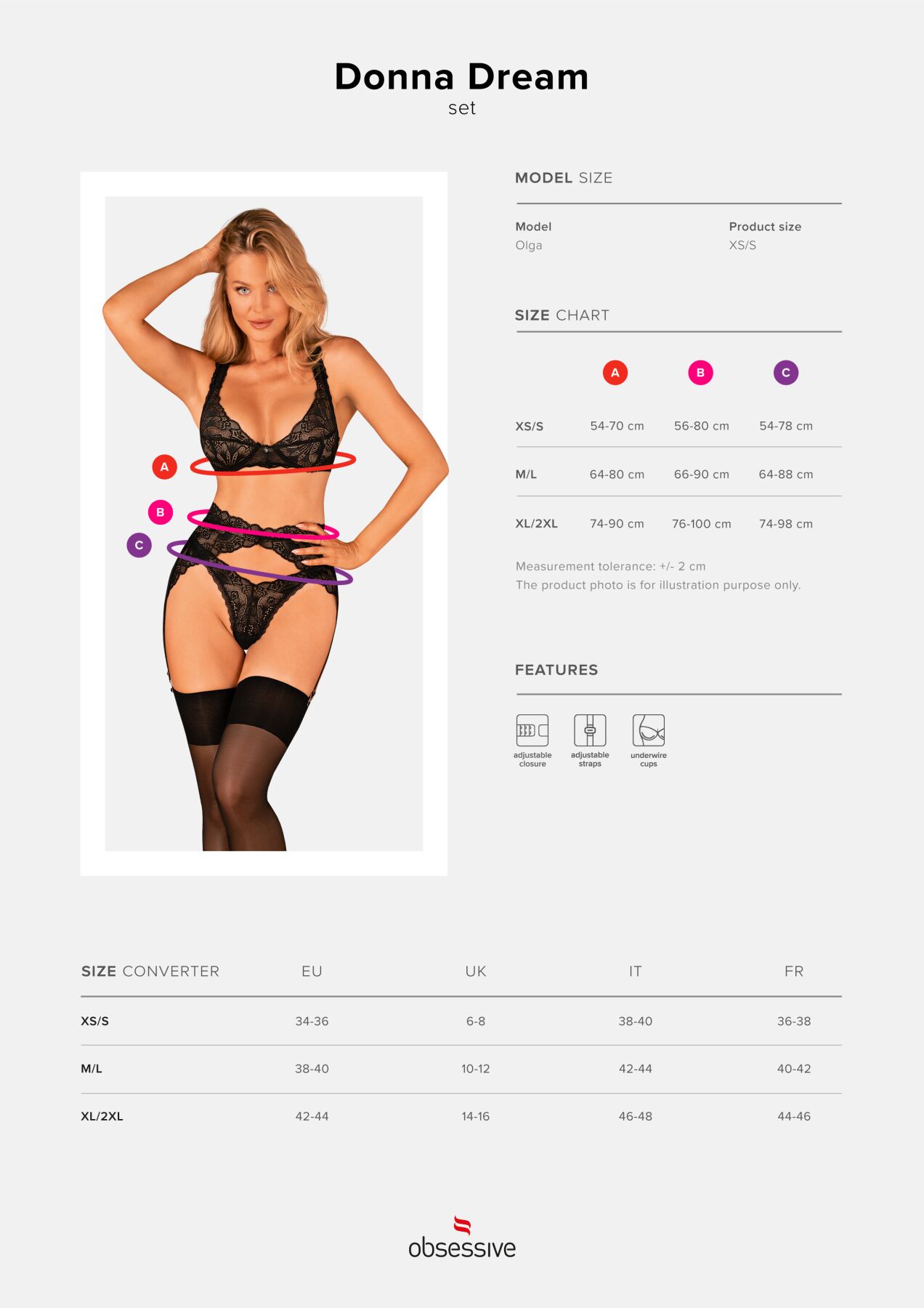 Комплект білизни Obsessive Donna Dream 3-pcs set XS/S Black, бюстгальтер, стрінги, пояс для панчіх