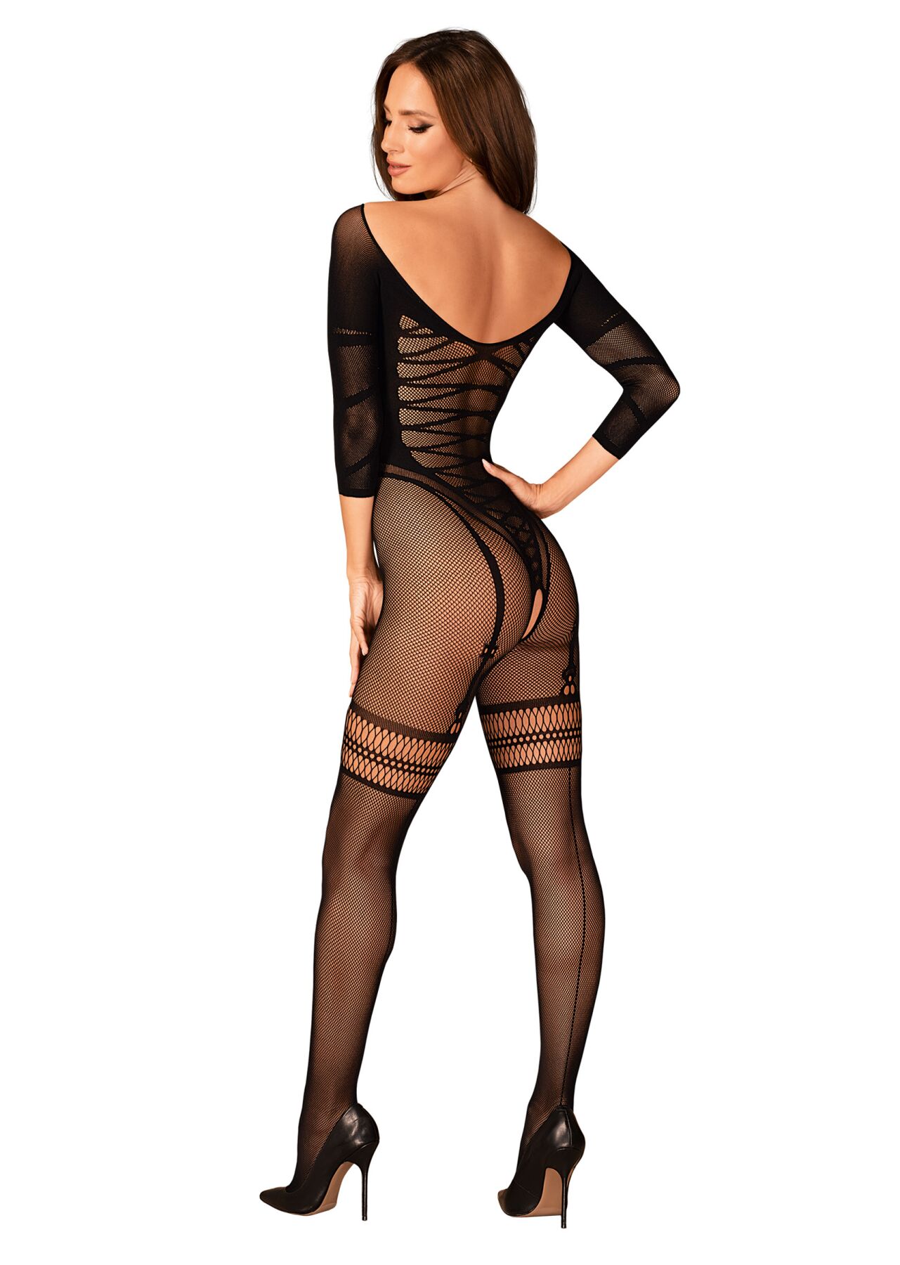 Сітчастий бодістокінг з імітацією підв’язок Obsessive Bodystocking G329 S/M/L, black, з доступом