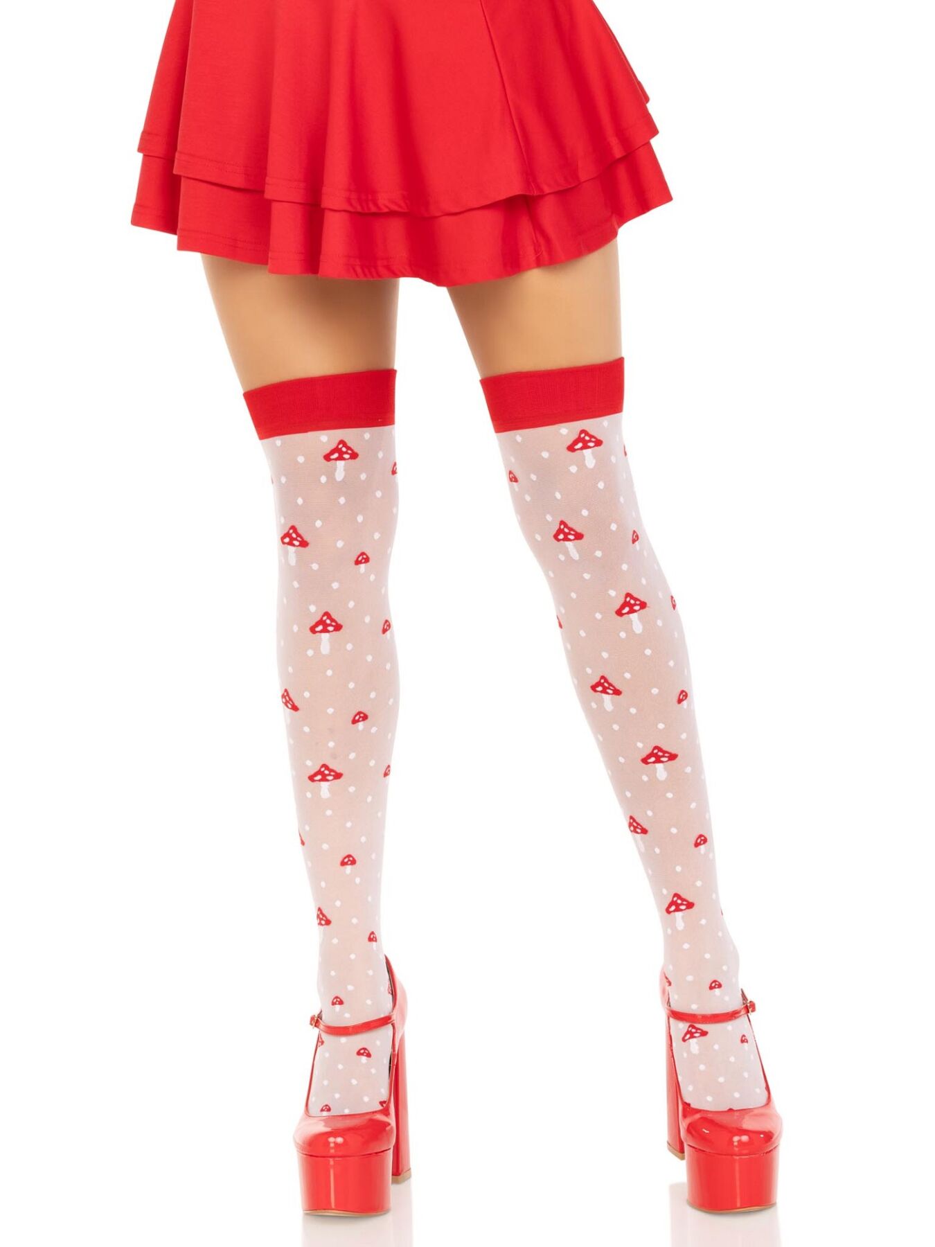 Панчохи Leg Avenue Polka Dot Mushroom Thigh Highs, One Size, біло-червоні, на резинці, малюнок — гриби