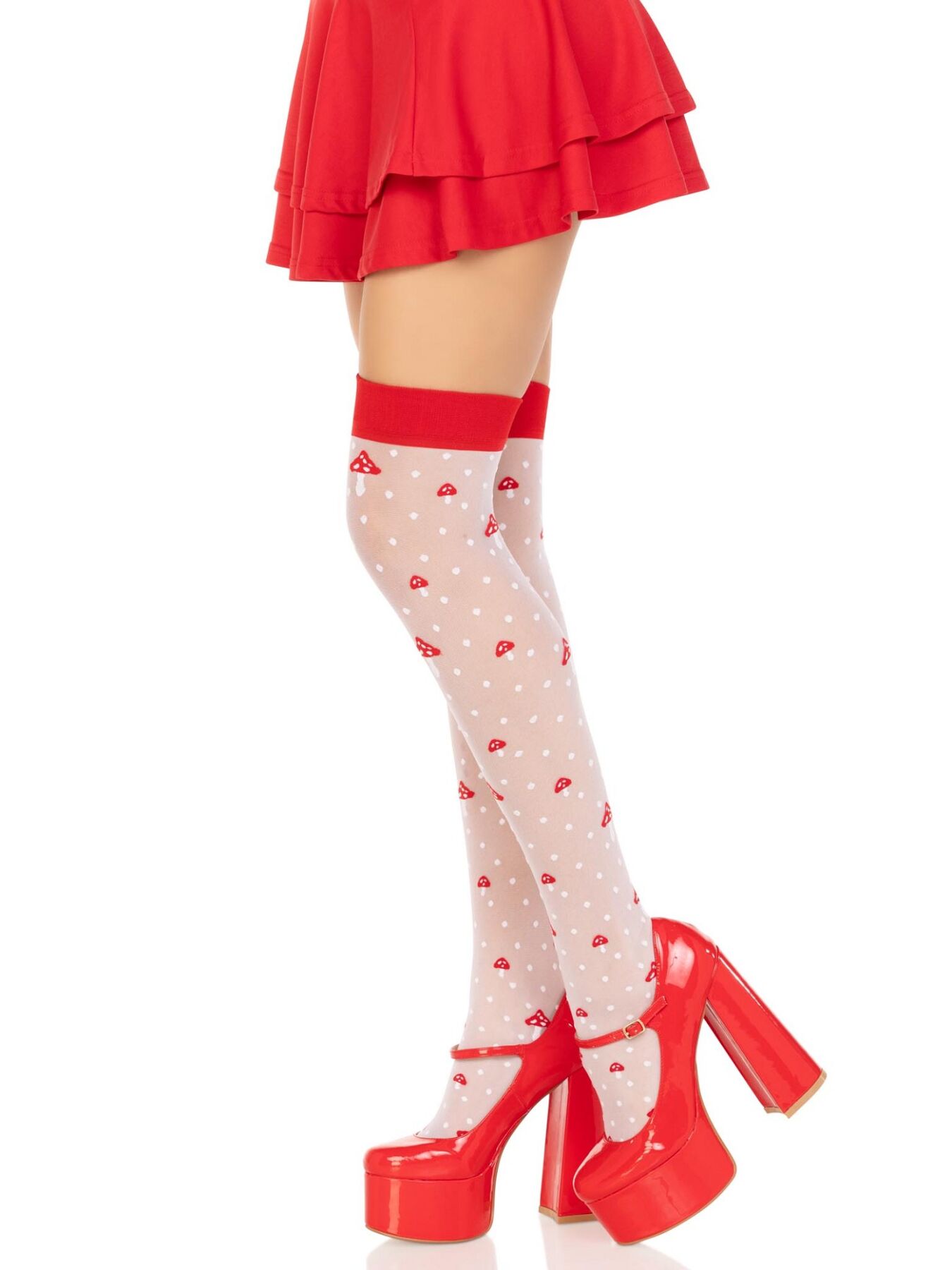 Панчохи Leg Avenue Polka Dot Mushroom Thigh Highs, One Size, біло-червоні, на резинці, малюнок — гриби