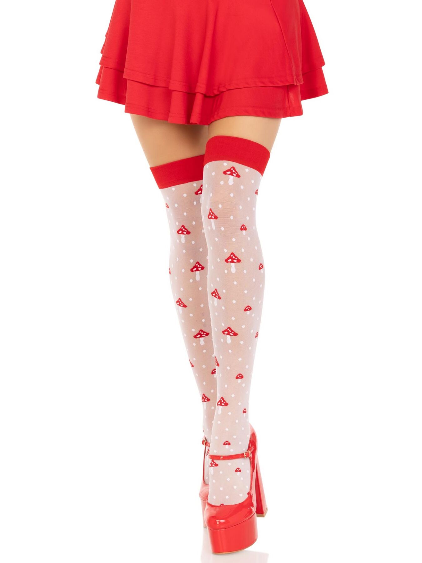 Панчохи Leg Avenue Polka Dot Mushroom Thigh Highs, One Size, біло-червоні, на резинці, малюнок — гриби