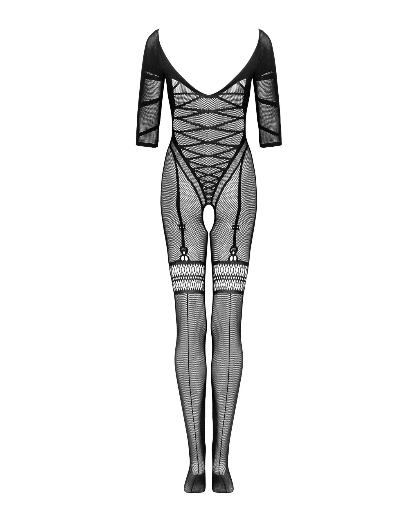 Сітчастий бодістокінг з імітацією підв’язок Obsessive Bodystocking G329 XL/XXL, black, з доступом