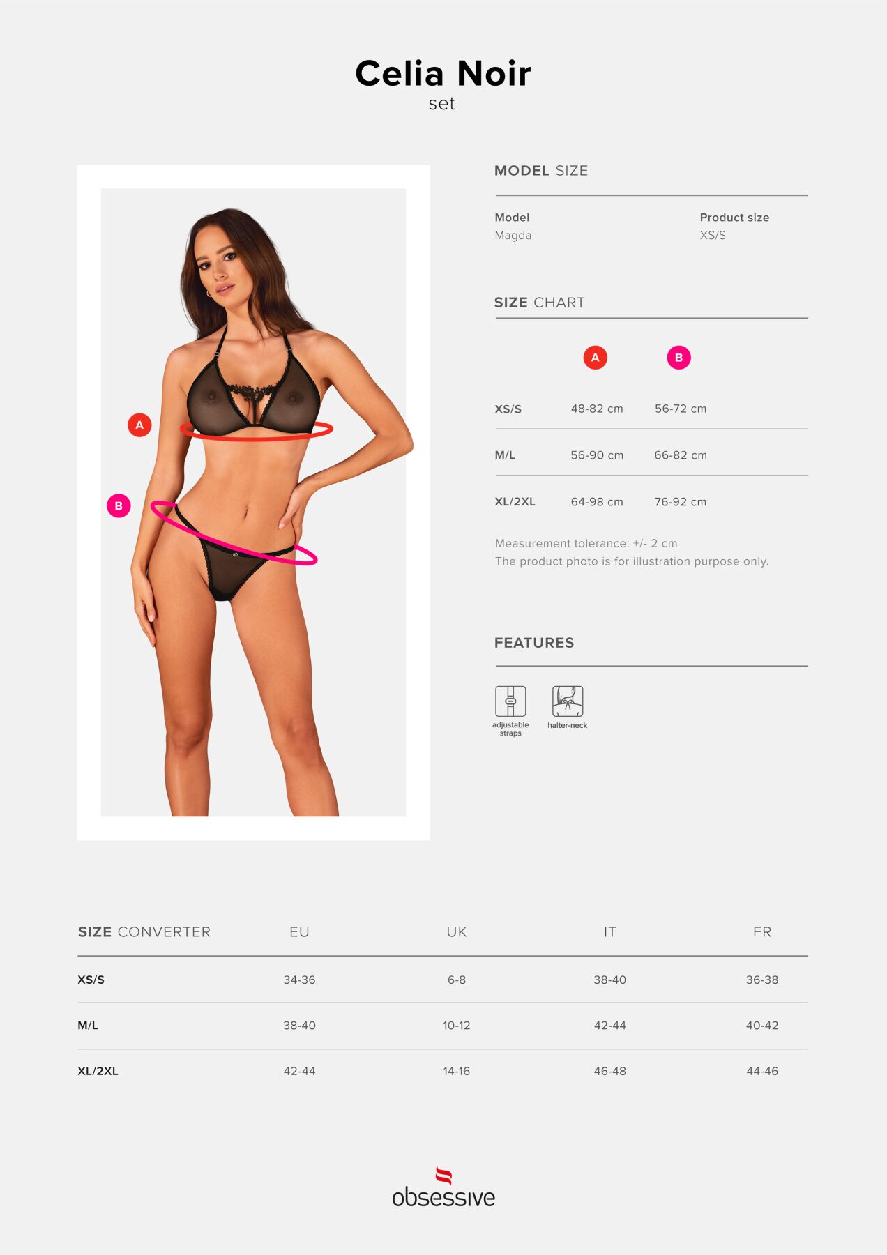 Напівпрозорий комплект Obsessive Celia Noir 2-pcs set XL/2XL, бюстгальтер, стрінги