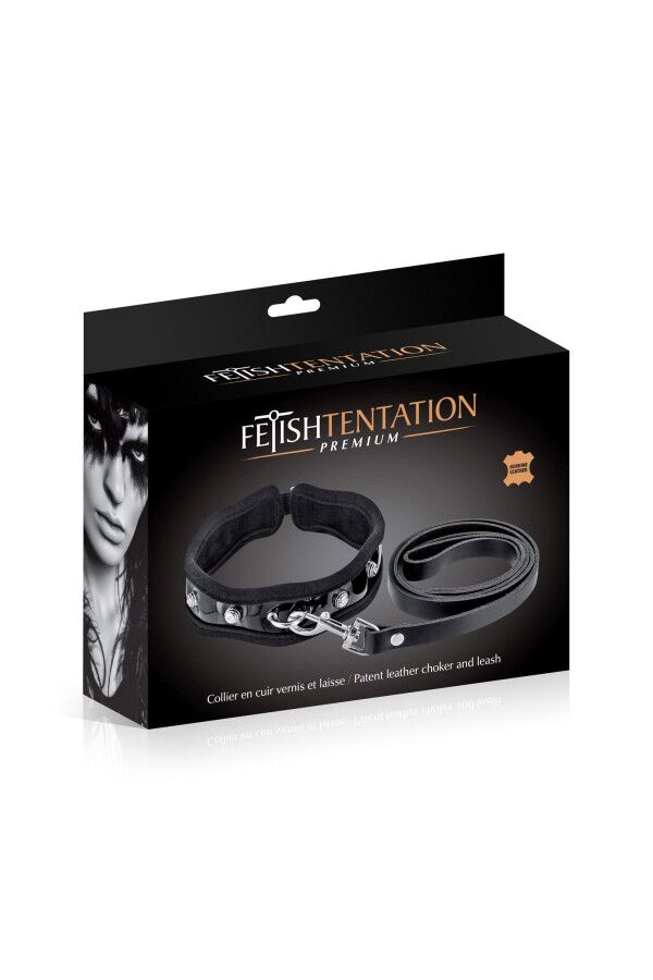 Повідець з натуральної шкіри Fetish Tentation Premium Patent leather chocker and leash