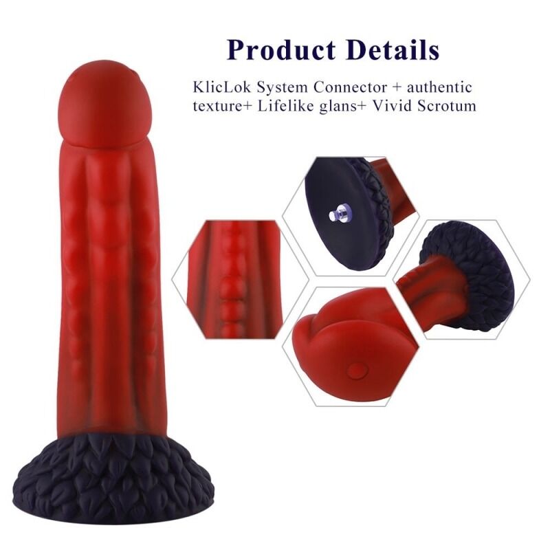 Фалоімітатор для секс-машин Hismith 8.35″ Curved Silicone Dildo Red Monster Series, система KlicLok