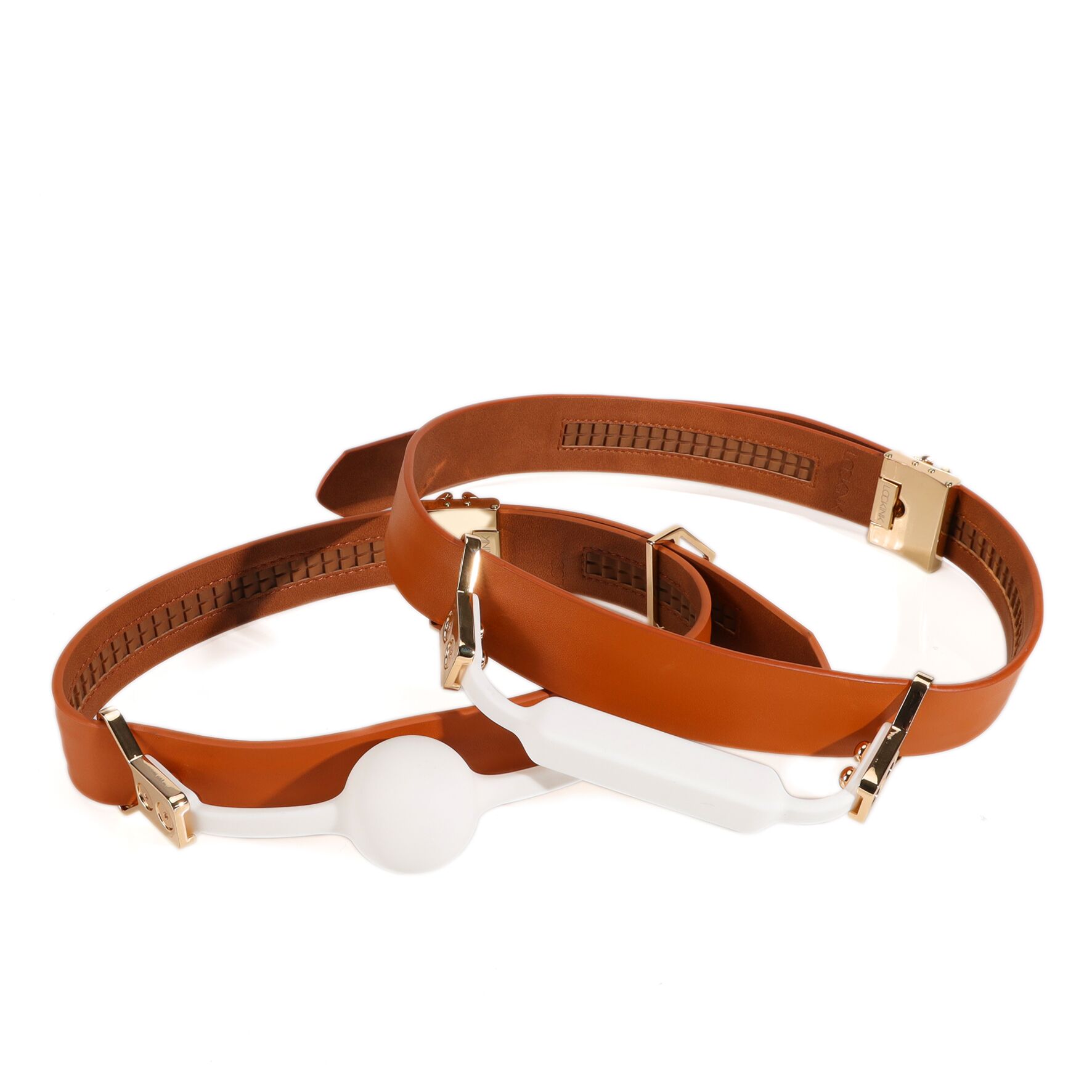 Набір кляпів LOCKINK Ball-Gag & Gag-bite Set, коричневий, шкіряний ремінь, 2 насадки – куля та трензель