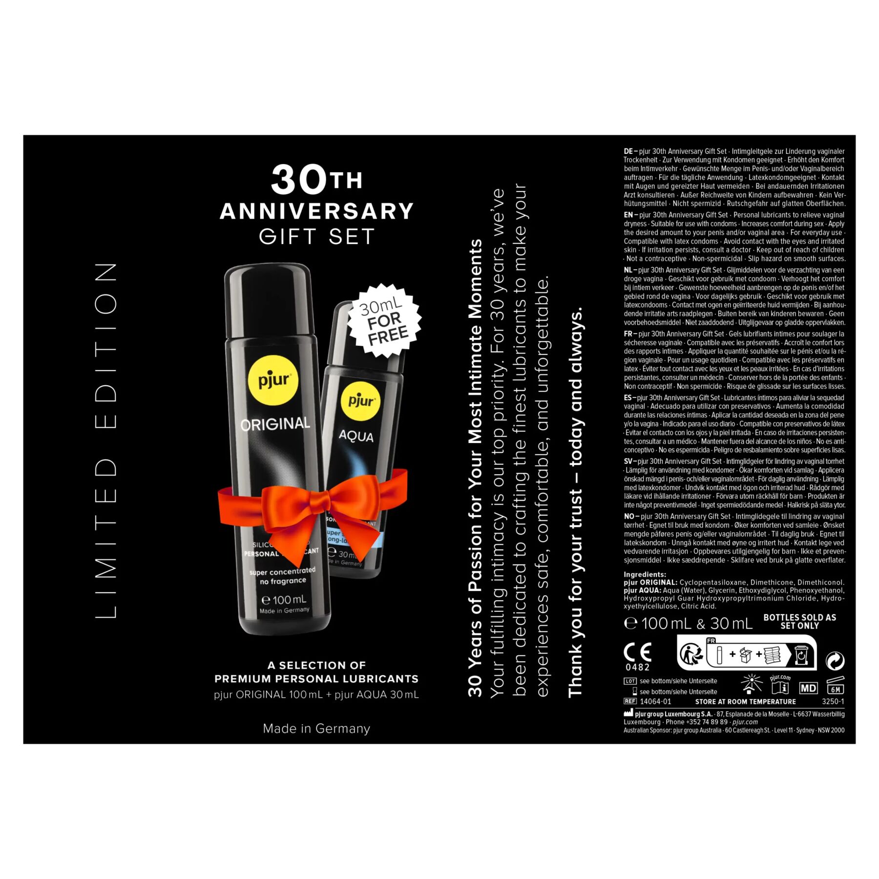 Ювілейний набір лубрикантів pjur 30th Anniversary Gift Set: Original 100 мл та Aqua 30 мл