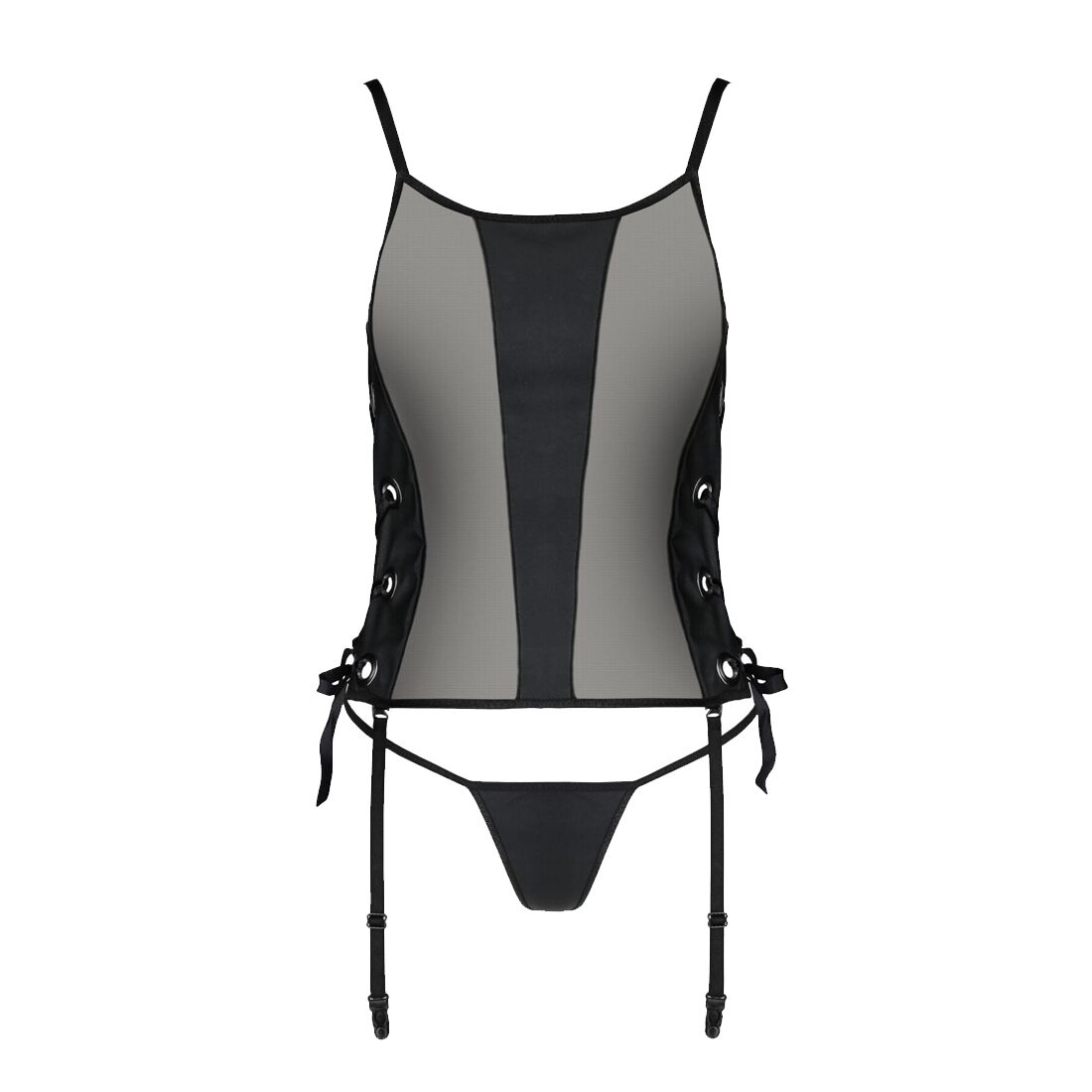 Сітчастий корсет з екошкіри Passion MALWIA CORSET 6XL/7XL black, з люверсами та знімними пажами