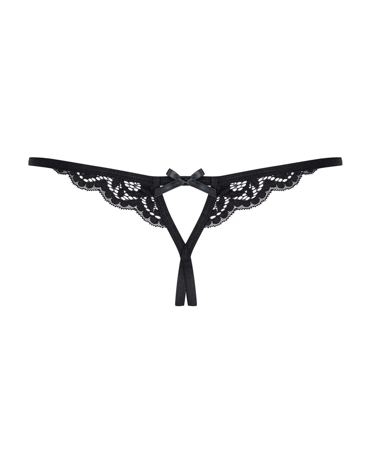 Мереживні танги з двома отворами Obsessive 831-THC-1 crotchless thong S/M, чорні, бантики