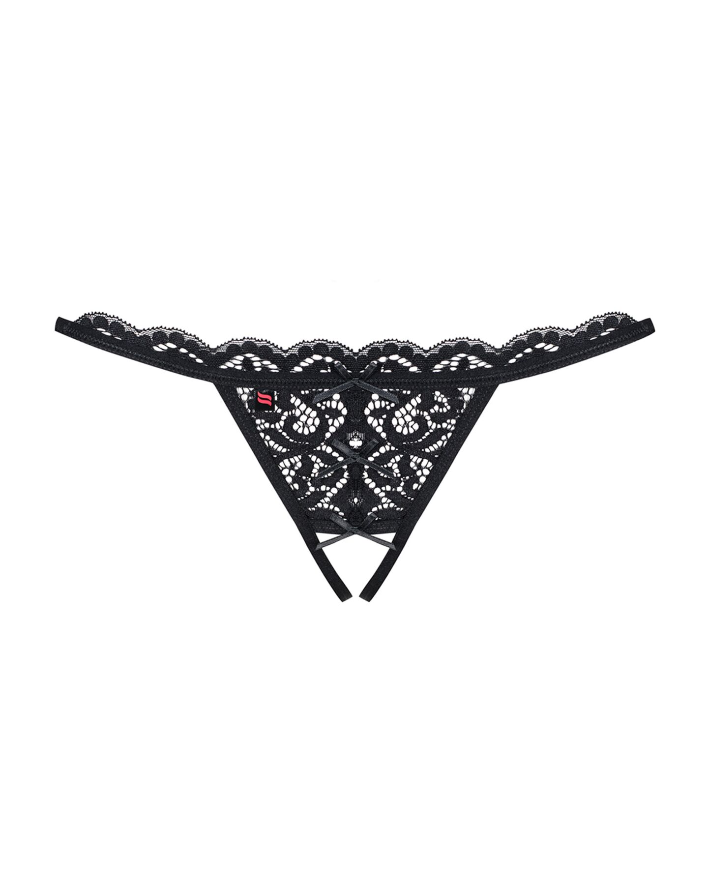 Мереживні танги з двома отворами Obsessive 831-THC-1 crotchless thong S/M, чорні, бантики