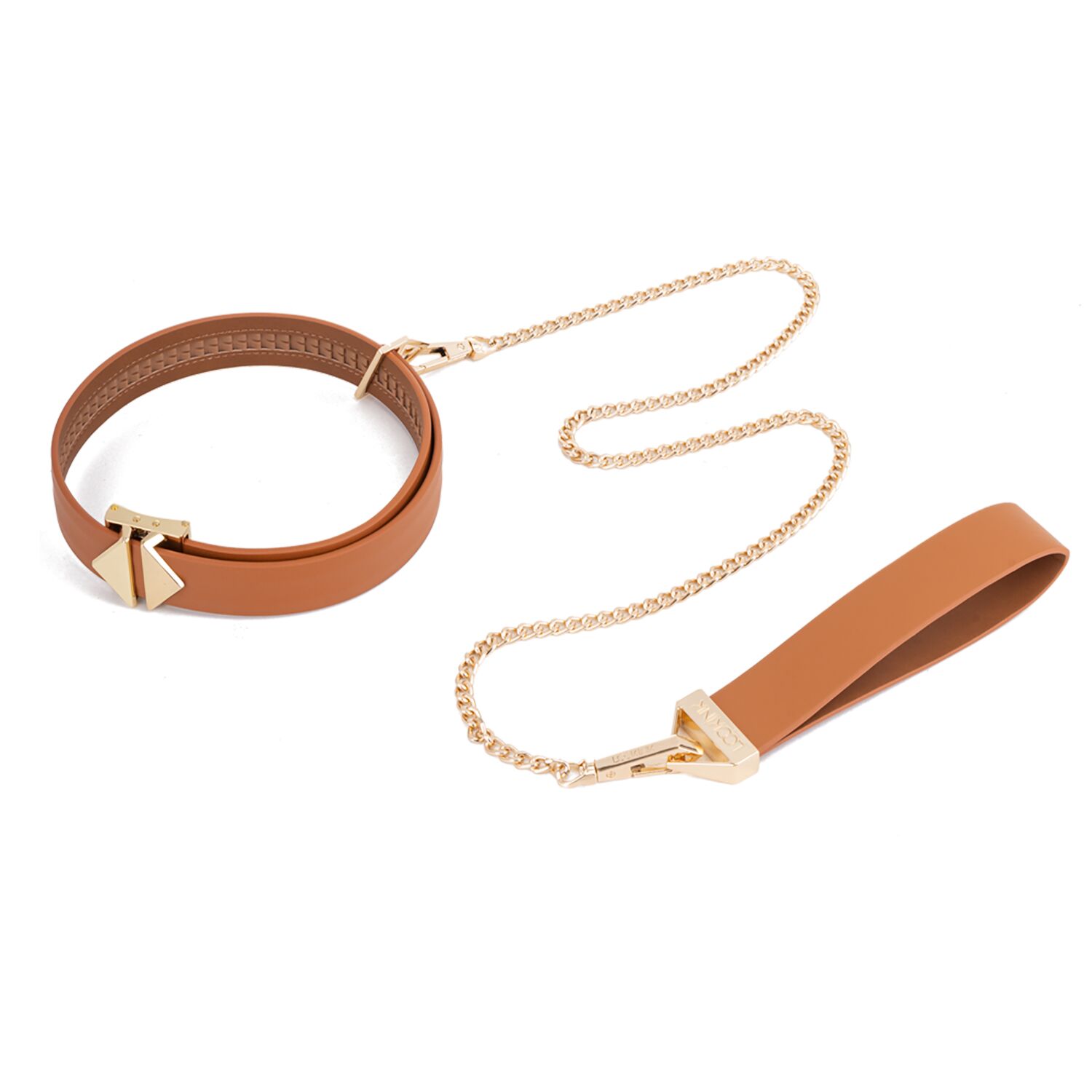 Нашийник з повідцем LOCKINK Tied Collar with Leash Set, коричневий, ланцюг зі шкіряною петлею та карабіном