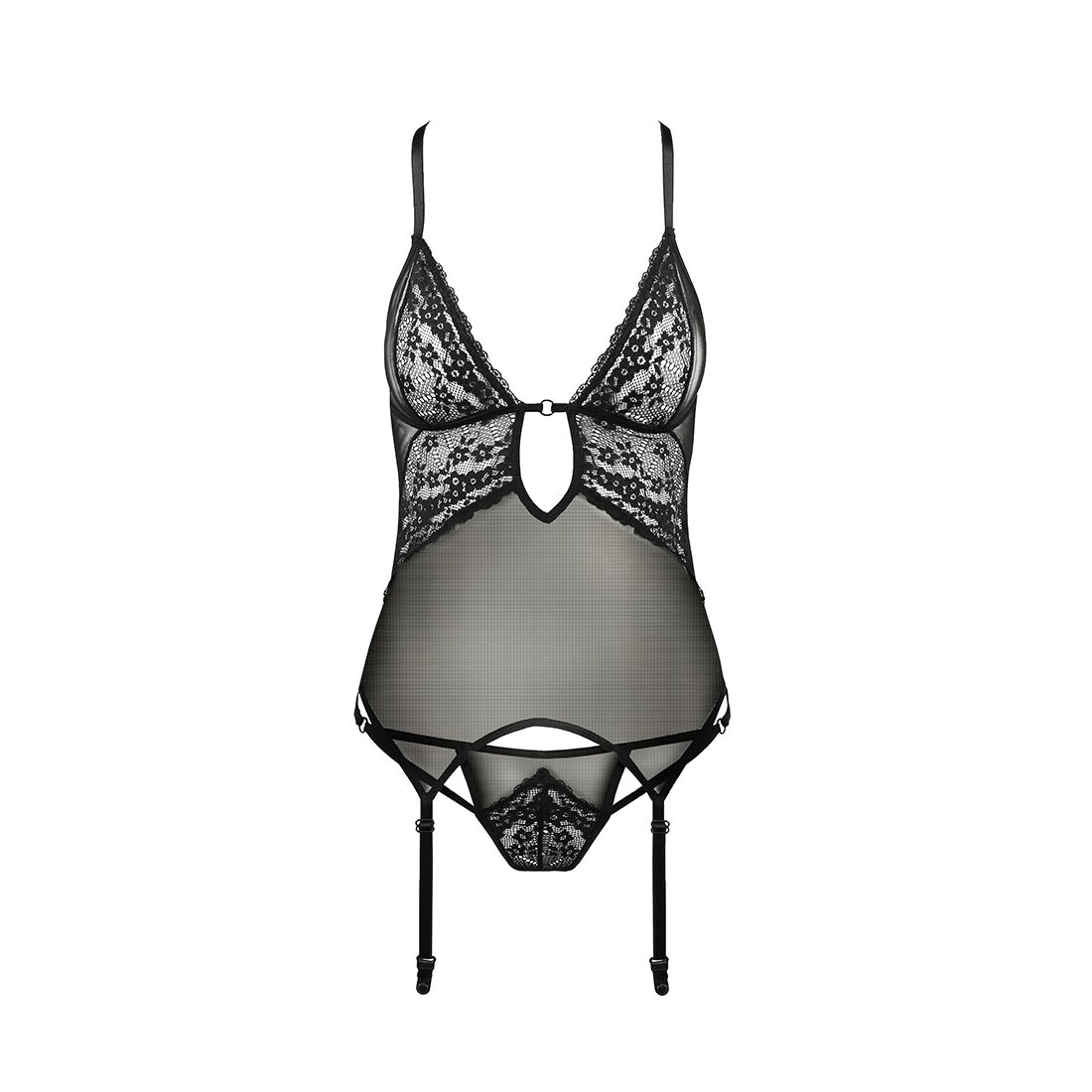 Корсет з декольте Passion ERZA CORSET L/XL, black, пажі, трусики, напівпрозорий