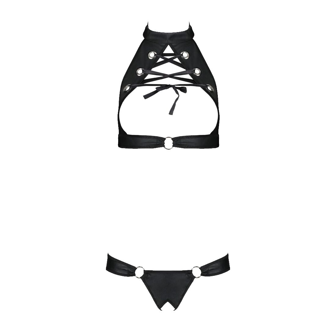 Комплект із екошкіри Passion MALWIA SET with Open Bra 6XL/7XL black, топ та трусики з люверсами