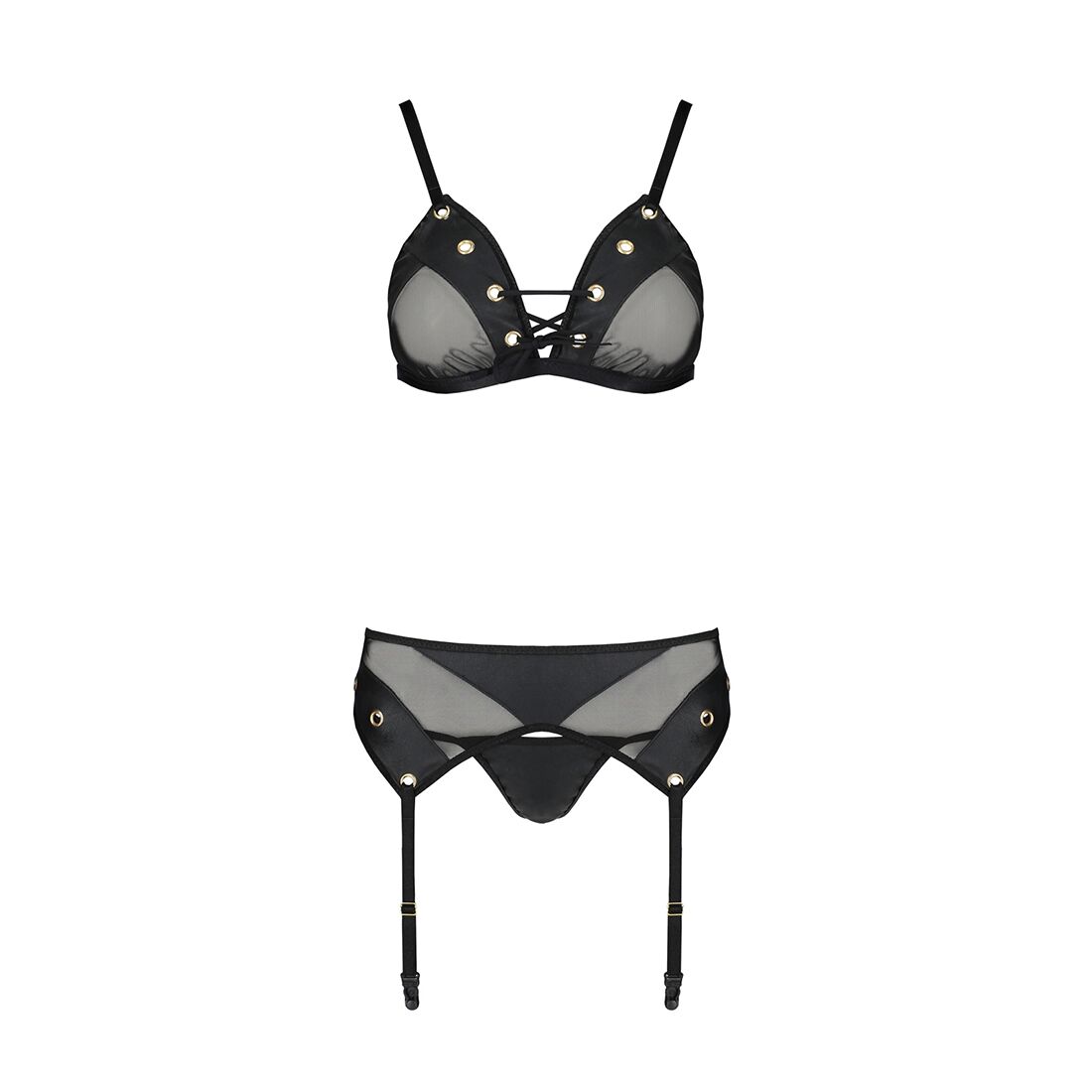 Комплект білизни Passion NESSY SET S/M black, бюстгальтер, пояс для панчіх, стрінги