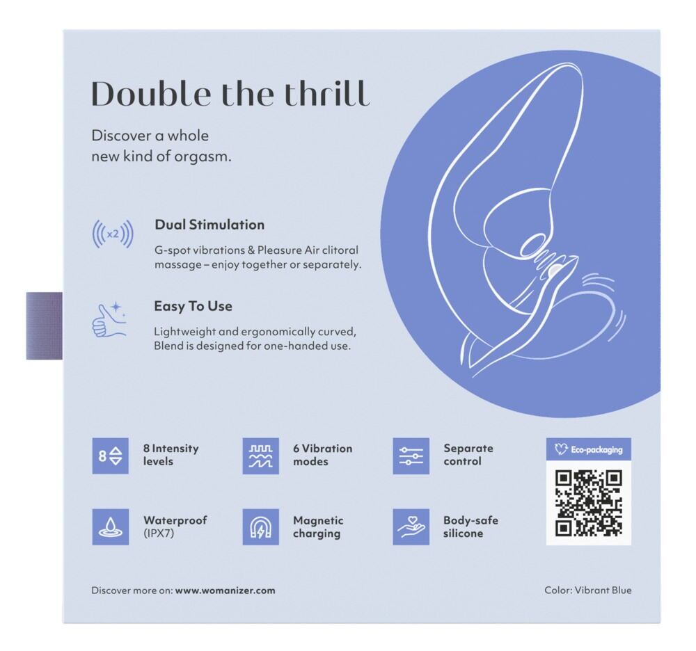 Вагінально-кліторальний стимулятор Womanizer Blend Vibrant Blue, вібрація + вакуум, 2 мотори