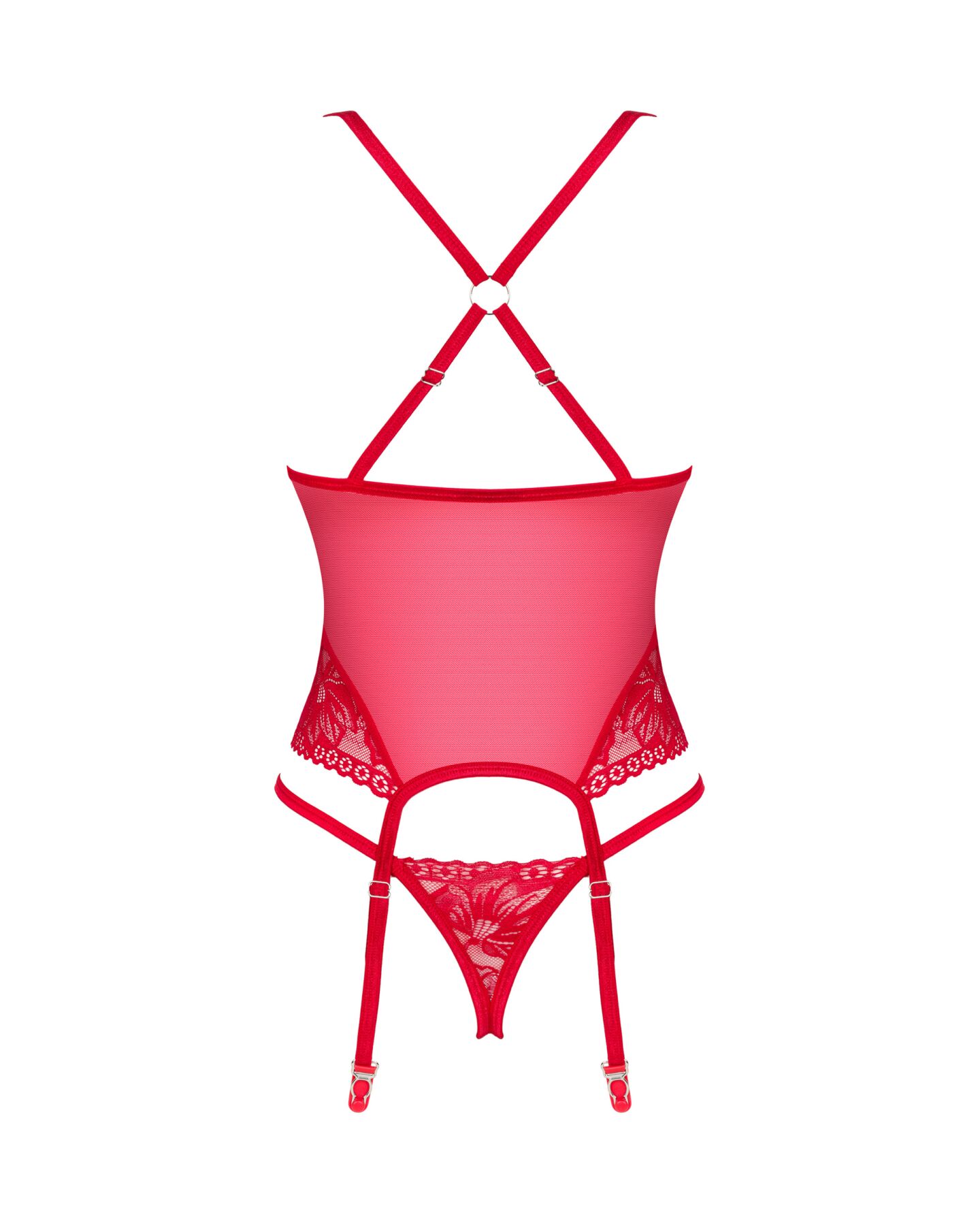 Прозорий корсет Obsessive Lacelove corset M/L Red, мереживо, підв’язки для панчіх