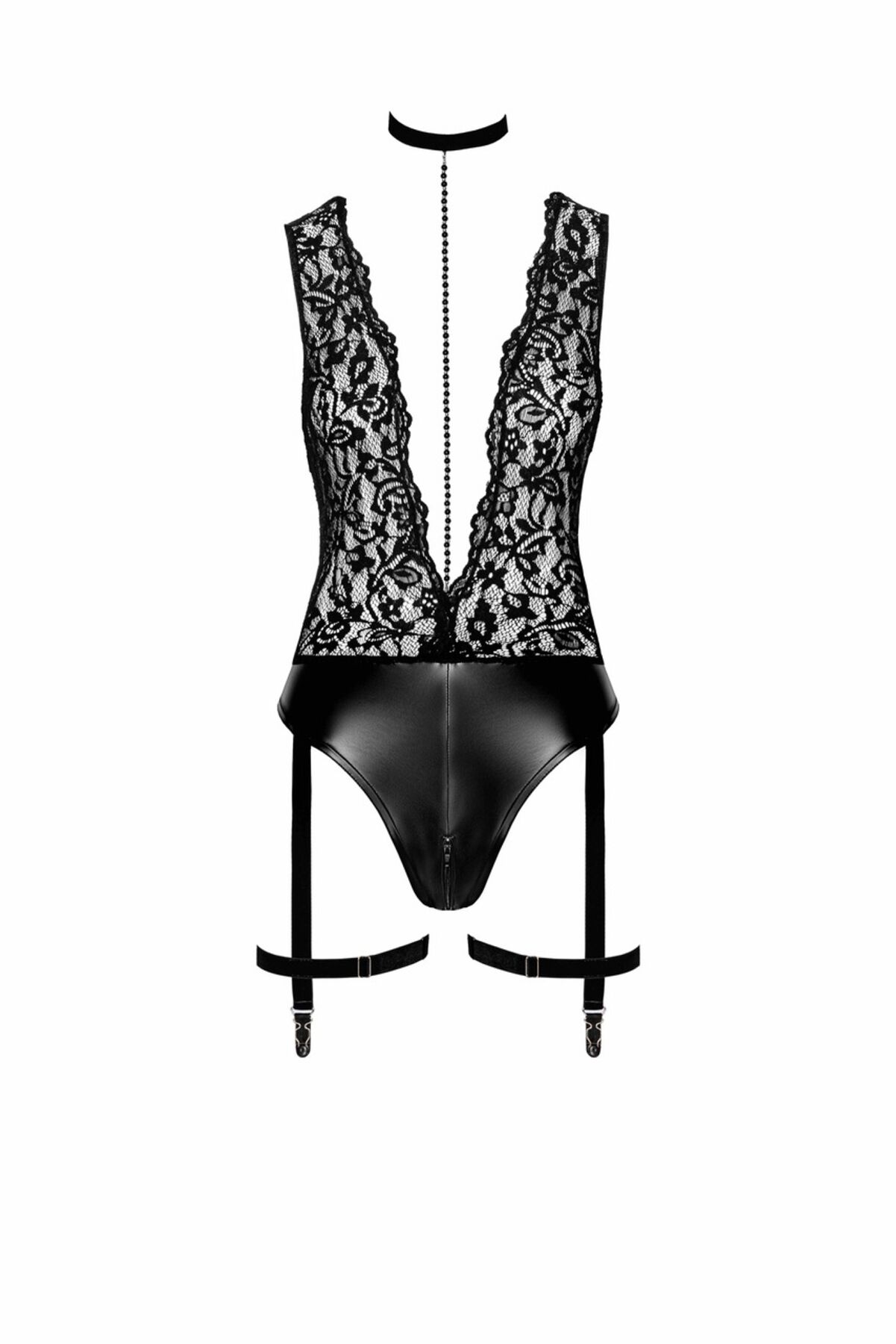Боді Noir Handmade F297 Libido, M, чорне, мереживо, низ під латекс, відкритий доступ, гартери