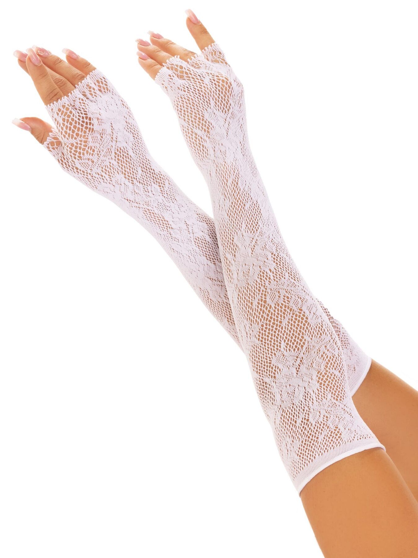 Мітенки Leg Avenue Lace Opera Length Fingerless Gloves, білі, ажурні, довжина вище ліктя