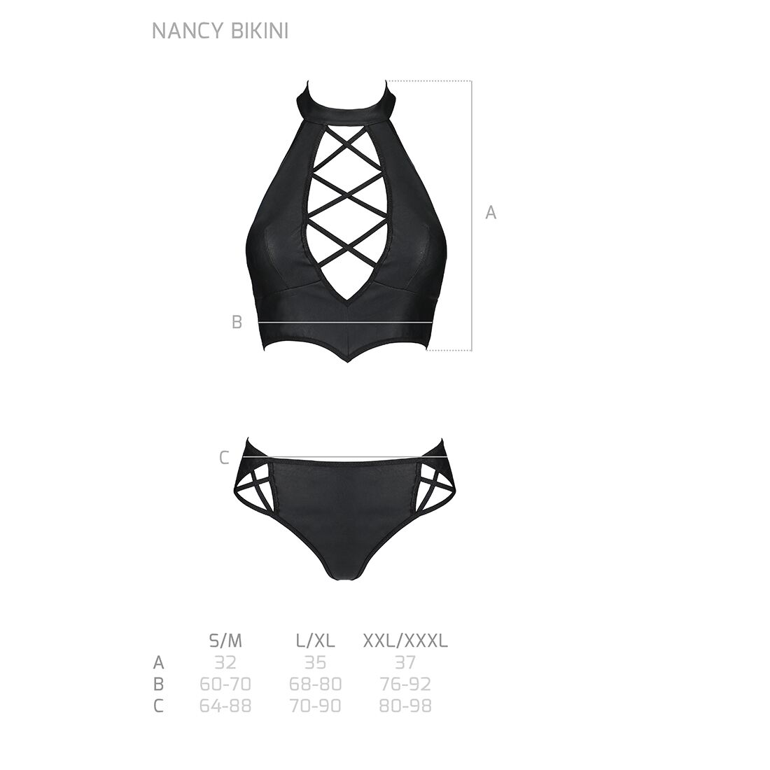 Комплект з еко-шкіри Passion NANCY BIKINI XXL/XXXL, black, бра та трусики з імітацією шнурівки