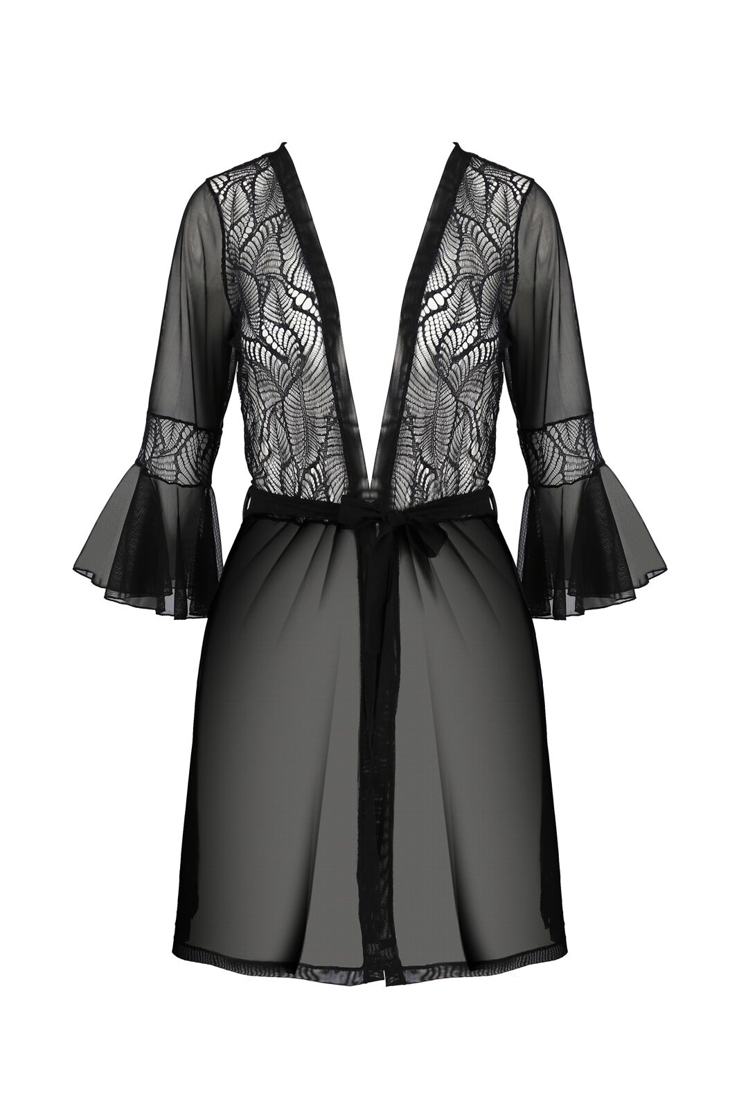 Пеньюар Passion LEAFA PEIGNOIR black, XXL/XXXL, довжина трохи вище коліна, широкі рукави, зав'язується на пояс