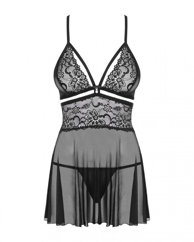 Еротичний мереживний комплект із сіточкою Obsessive 838-BAB-1 babydoll & thong black L/XL, чорний, п