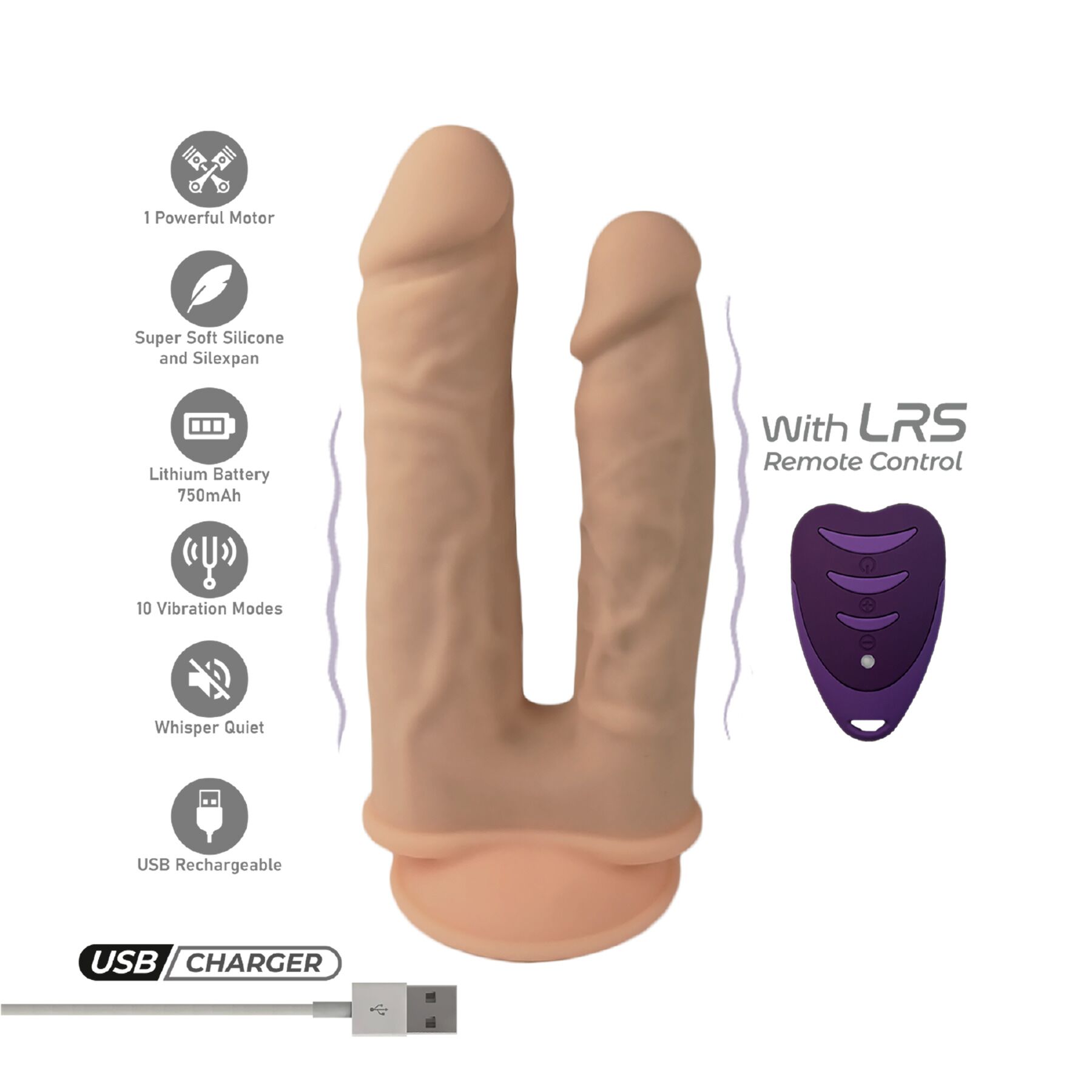 Подвійний фалоімітатор з вібрацією SilexD Double Gusto Vibro Flesh (Model 1 size 8" & 7") + LRS, діаметр 4,5 см та 3,7 см