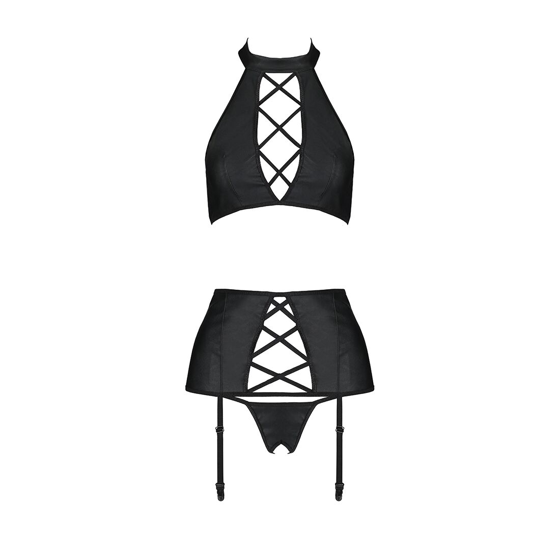 Комплект з еко-шкіри з імітацією шнурівки Passion NANCY SET L/XL black топ, трусики, пояс для панчіх