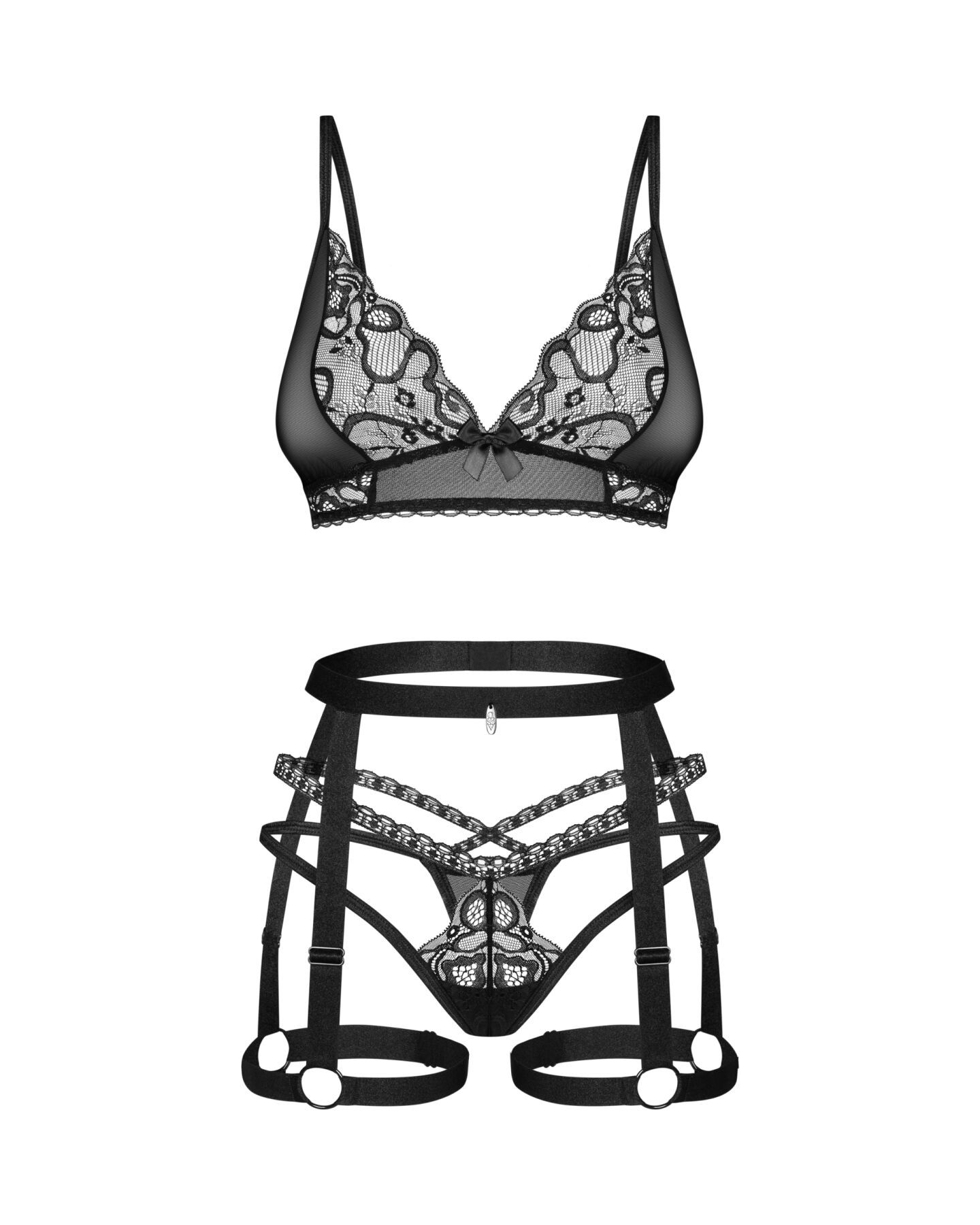 Комплект Obsessive Blomentis 3-pcs set, XL/2XL, м’який ліф, стрінги зі стрепами, пояс із гартерами