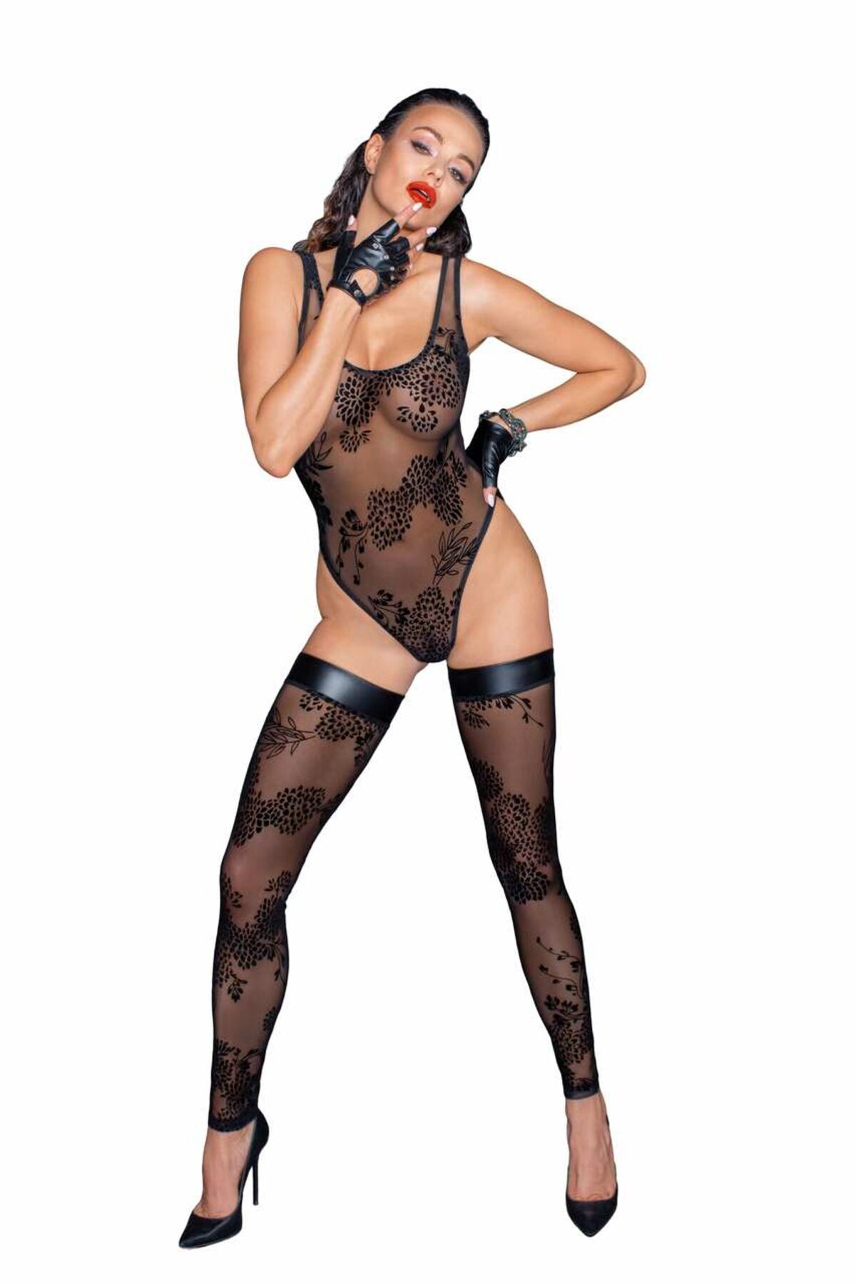 Боді Noir Handmade F242 Tulle body with patterned flock embroidery, M