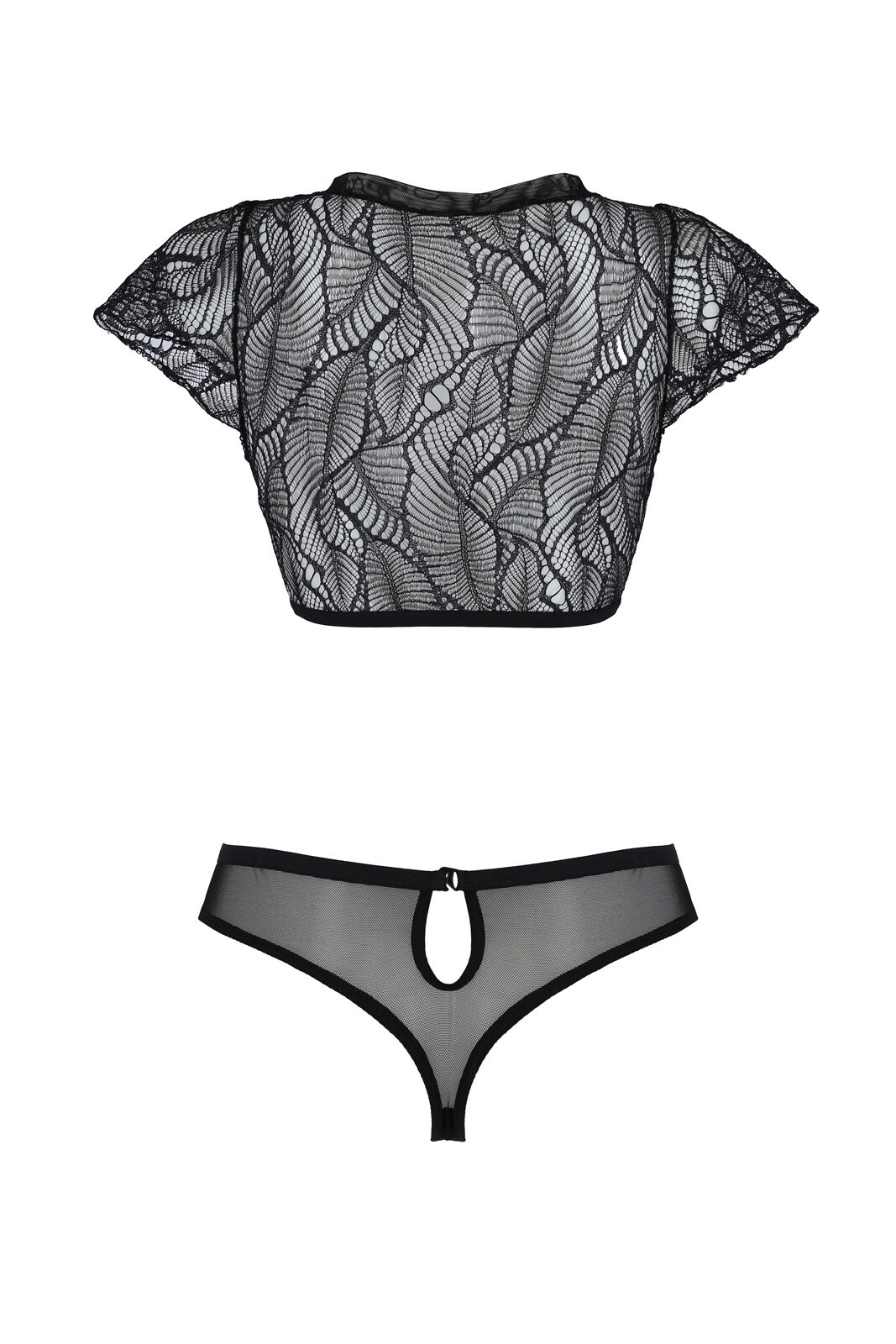 Комплект Passion LEAFA BIKINI black S/M, бюстгальтер-топ з рукавчиками, стрінги-шортики з вирізом