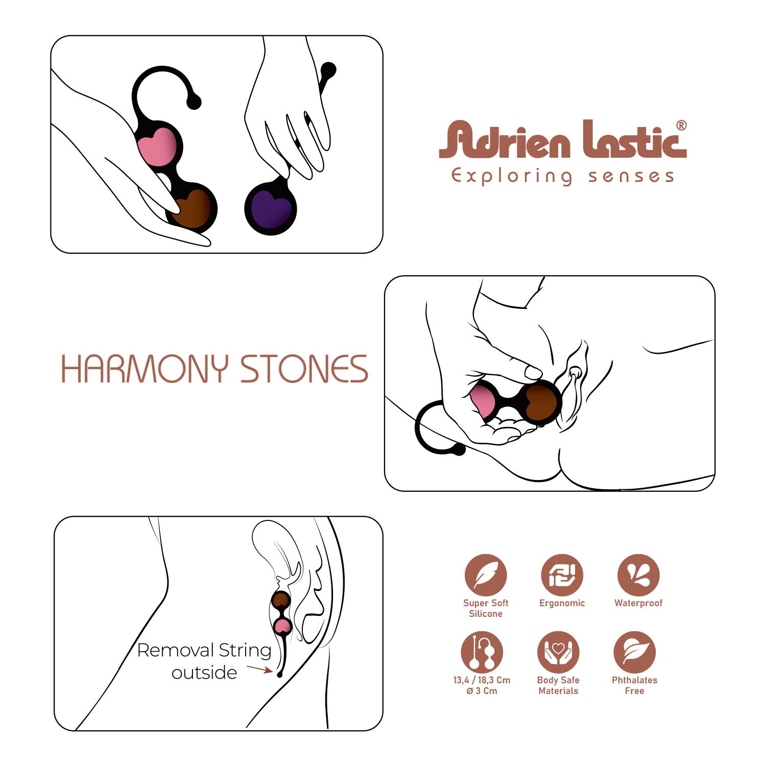 Вагінальні кульки Adrien Lastic Harmony Stones, напівдорогоцінне каміння, діаметр 3 см, 2 тримачі
