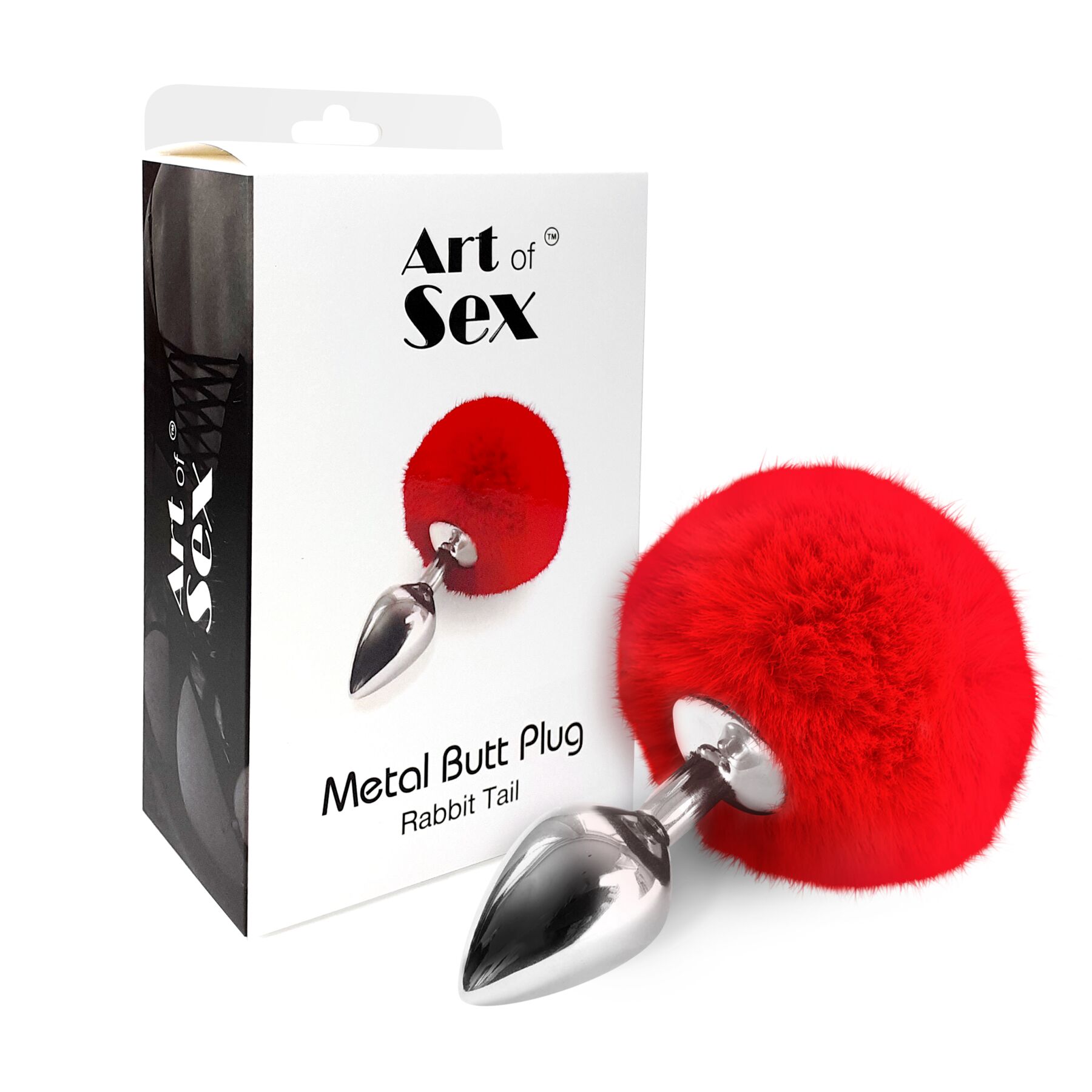 Металева анальна пробка М Art of Sex - Metal Butt plug Rabbit Tail Red, діаметр 3,4 см