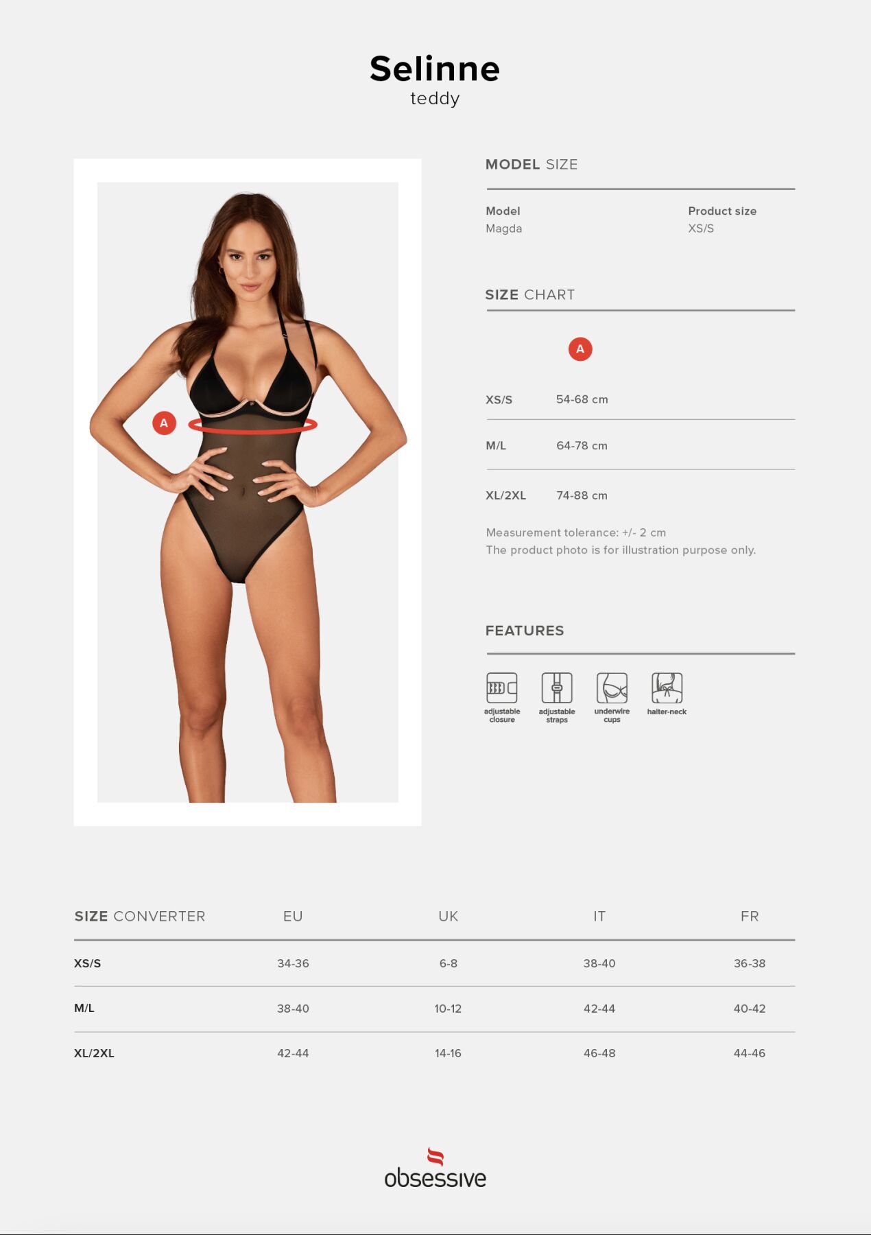 Прозоре боді Obsessive Selinne teddy XS/S Black, дрібна сітка, подвійні бретелі