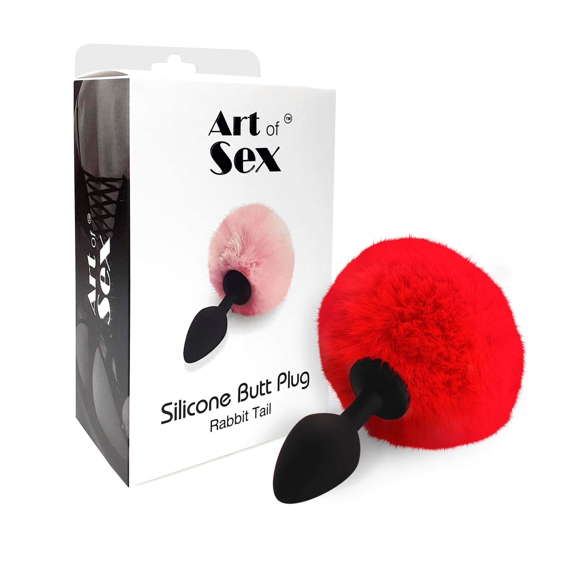 Силіконова анальна пробка М Art of Sex - Silicone Butt plug Rabbit Tail Red, діаметр 3,5 см