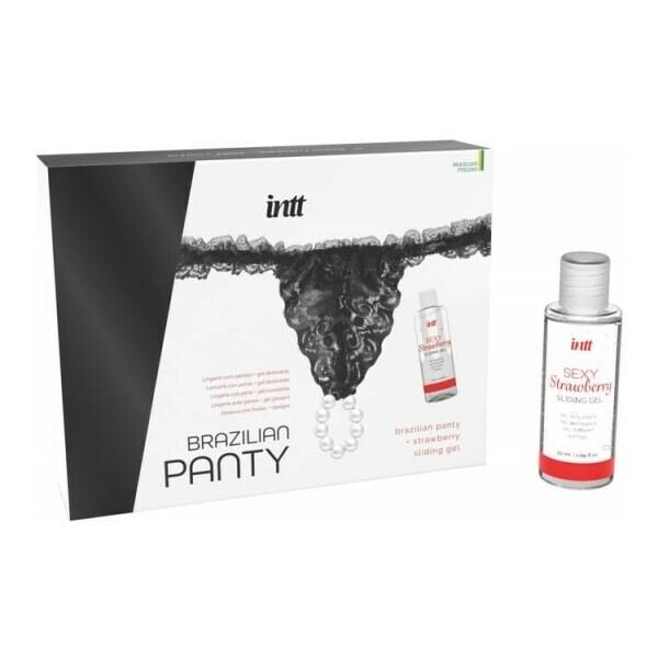 Набір Intt BRAZILIAN PANTY BLACK: трусики на резинці S-XL з перлинним кільцем + полунична змазка